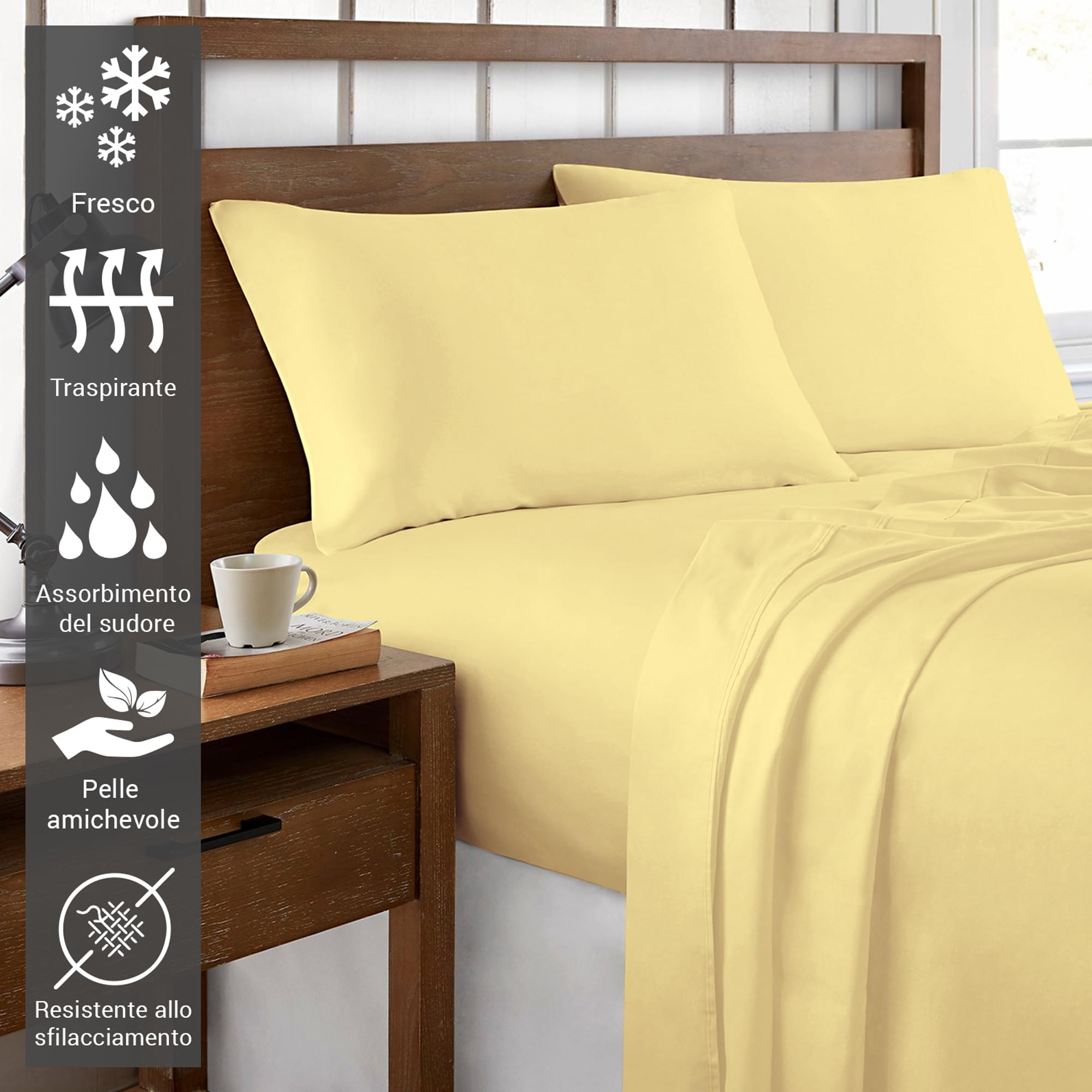 Pizuna Set lenzuola letto king size Cotone 160x200 cm Giallo Morbido, 400 fili con trama Sateen in 100% Cotone a fiocco lungo Completo lenzuola con 1 lenzuolo con angoli, 1 lenzuolo sopra, 2 federe