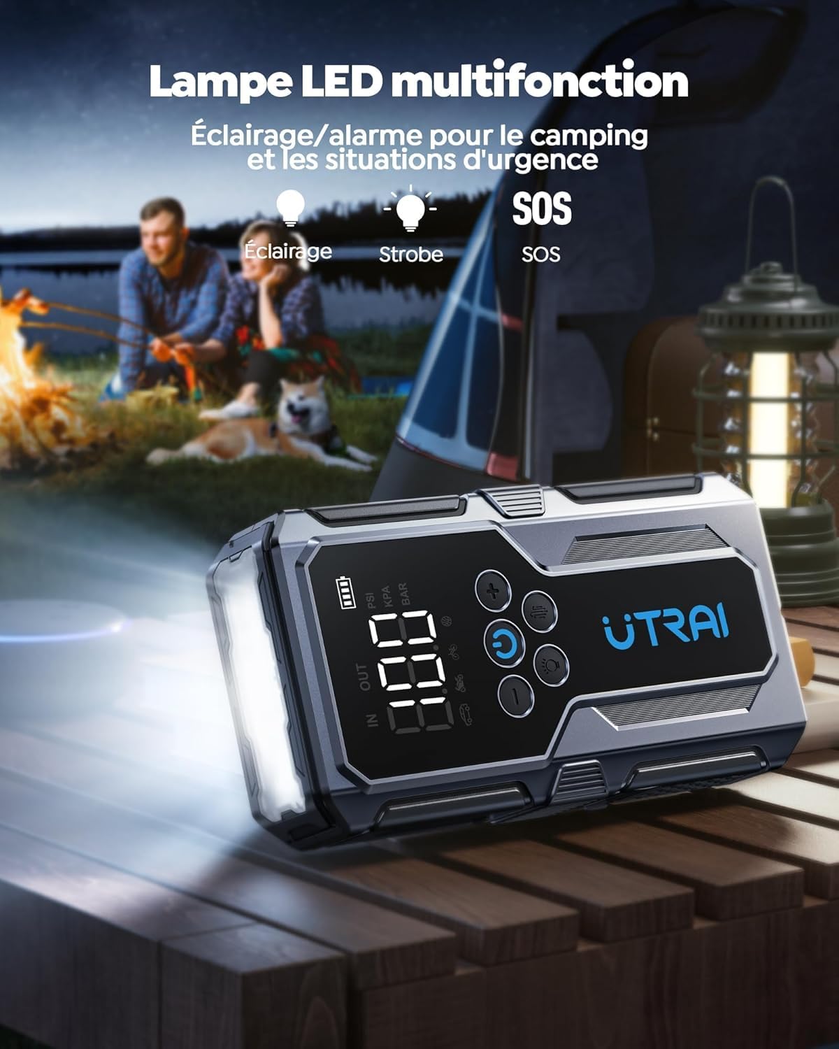 UTRAI Booster Batterie Voiture 6000A, Demarreur Batterie Voiture avec Gonfleur 150PSI (10L Essence/9L Diesel), Jump Starter avec Lumière LED 600 Lumens, QC3.0, Démarrage Forcé, Grand Écran