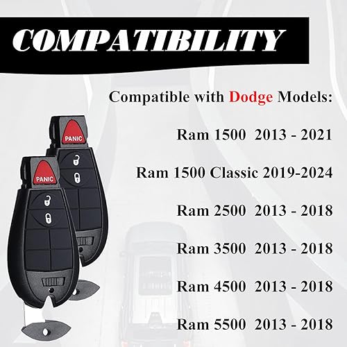 Miniatura 3 de MechanMagic Llavero Fobik de repuesto compatible con Dodge Ram 1500 2013-2021 2500 3500 4500 5500 HD 2013-2018 Pickup Truck Control remoto de