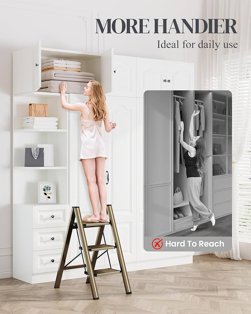 GameGem 3 Step Ladder, Folding Step Stool With Anti-Slip Wide Pedal, Aluminum Material Lightweight Yet Sturdy, 150 KG Load, Cute Modern Apperance For Indoor Household Spaces, Cream Chocolate