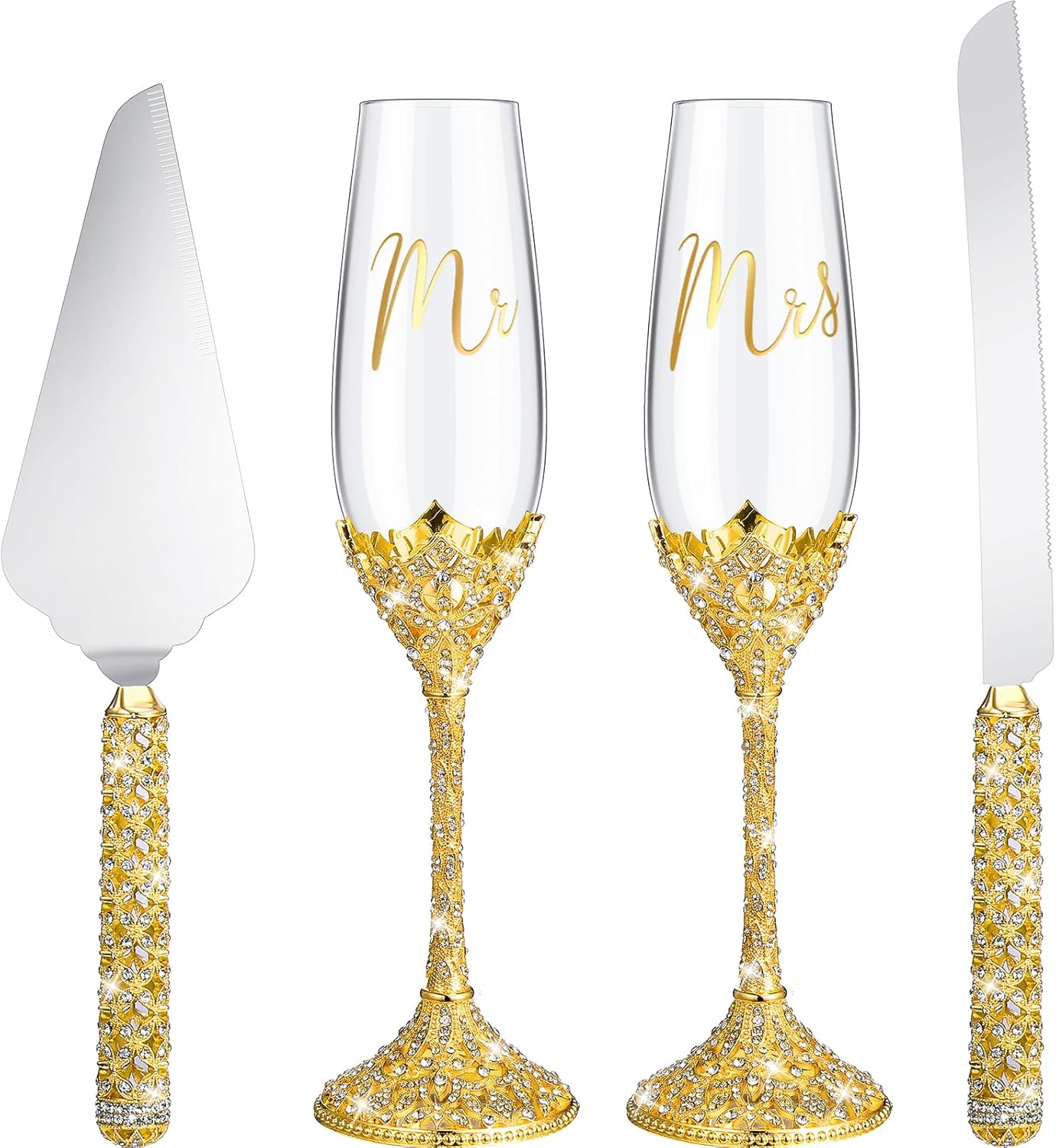 Sratte 4 Pcs Wedding Cake Knife and Champagne Flutes Server Set, Toasting Crystal Rhinestone Champagne Flutes Glasses Cake Knife Pie Server Wedding Gifts for Couple Bride Groom (Gold,Elegant)