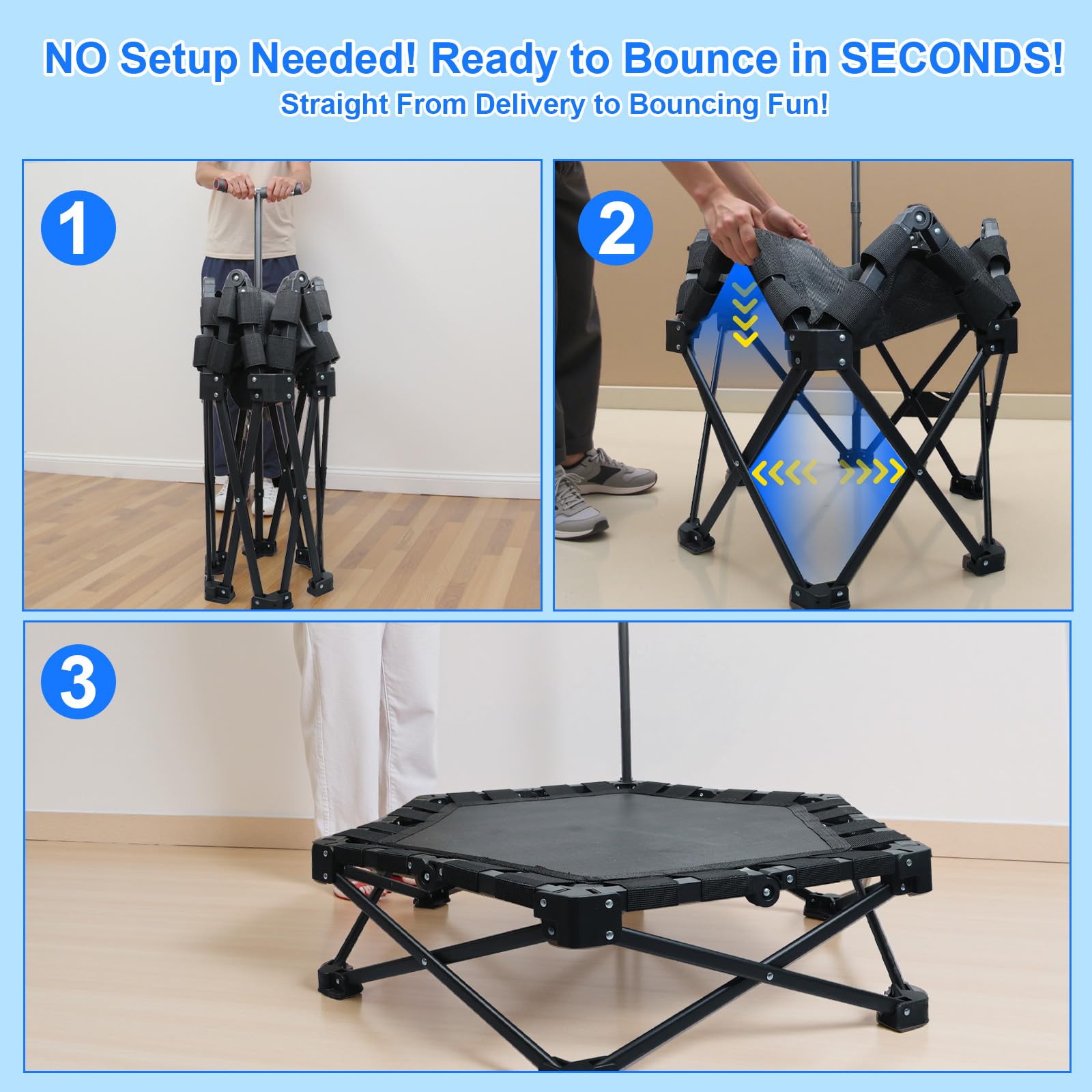 Mini Trampolino Fitness Pieghevole per Adulti, Trampolino per Interni con Maniglia Regolabile, 106 cm, Portata 275 kg, Trampolin per Casa