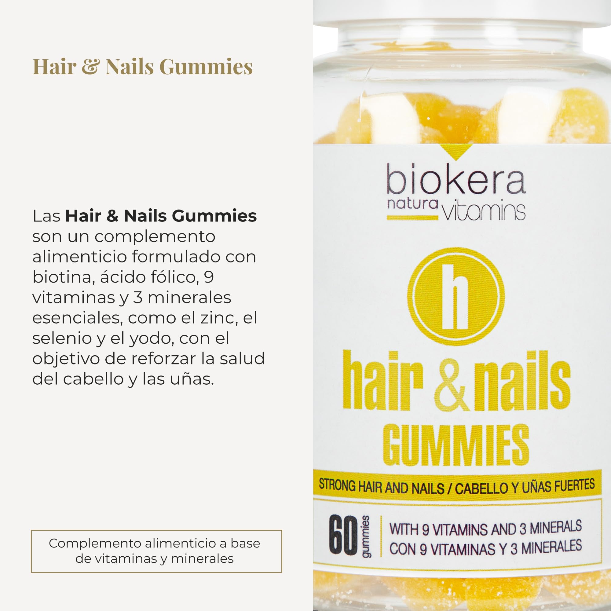 SALERM - Hair & Nails Gummies - Bote de 60 Gominolas - Biokera Natura Vitamins - Gominolas para el Pelo y Uñas - con 9 Vitaminas y 3 Minerales - Sin Lactosa - Sin Gluten - Sabor Plátano