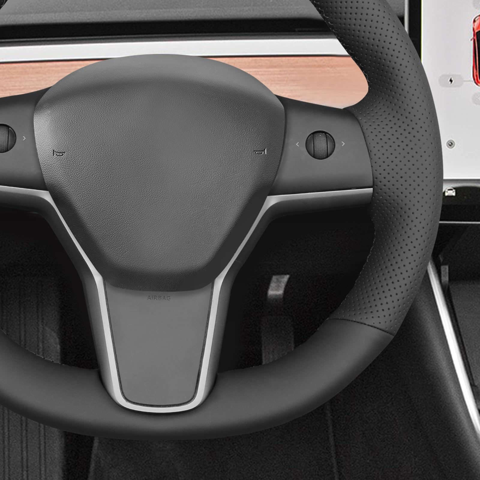 MEWANT Passgenauer Lenkradbezug zum Nähen für Tesla Model 3 Tesla Model Y | Model 3 2019-2023 / Model Y 2021-2023 Schwarz Echtleder Atmungsaktiv Für Beheizte Lenkräder Langlebig