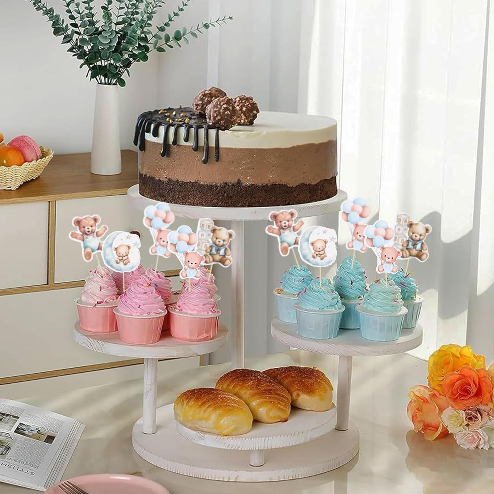 24PCS Baby Shower Bear Cupcake Toppers,Baby Shower Cupcake Picks Cake Decorations,Bear Balloon Cupcakes Picks,Blue Pink Babies Gender Reveal Party Decorations - Image 2