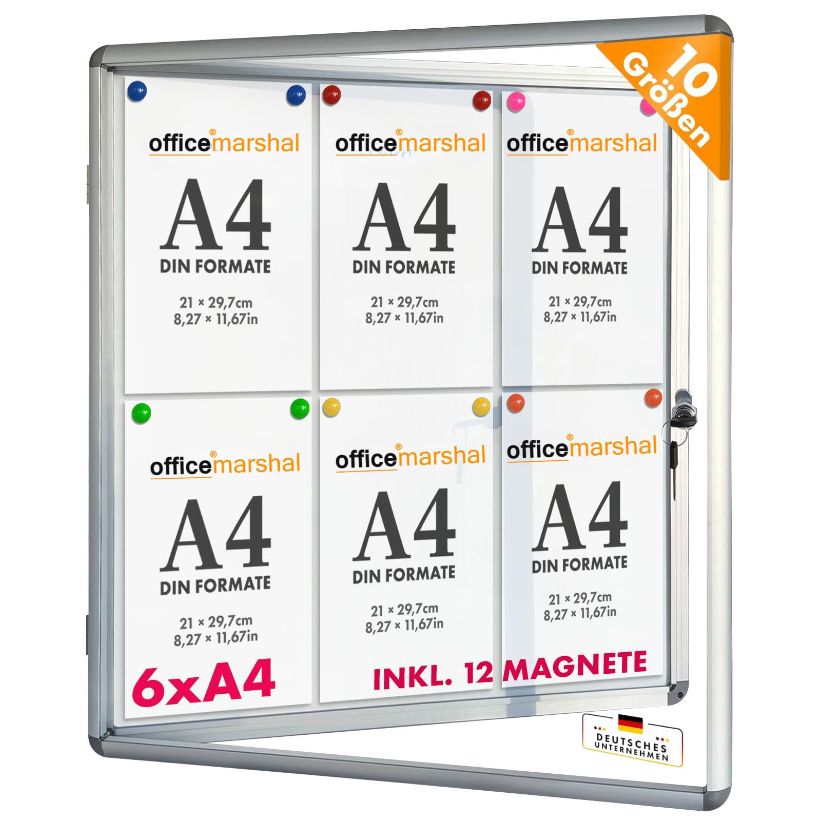 OfficeMarshal Display Case 6 x A4 Including 12 Magnets Information Box Notice Box Magnetic & Writeable Back Panel Poster Display Case with Aluminium Frame