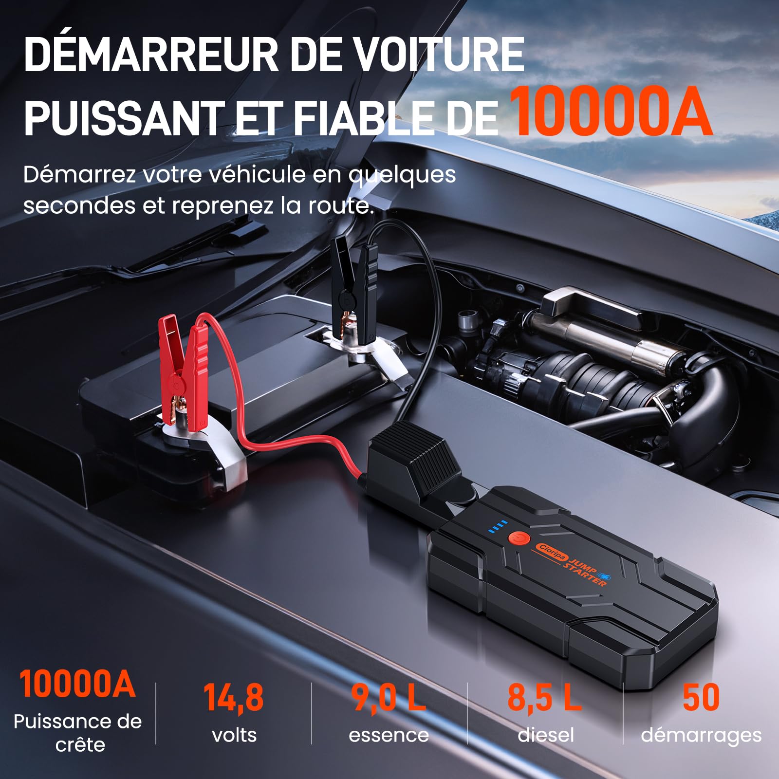 Booster Batterie Voiture 𝟏𝟎𝟎𝟎𝟎𝐀14.8V 9,0L Gaz 8,5L Diesel Auto