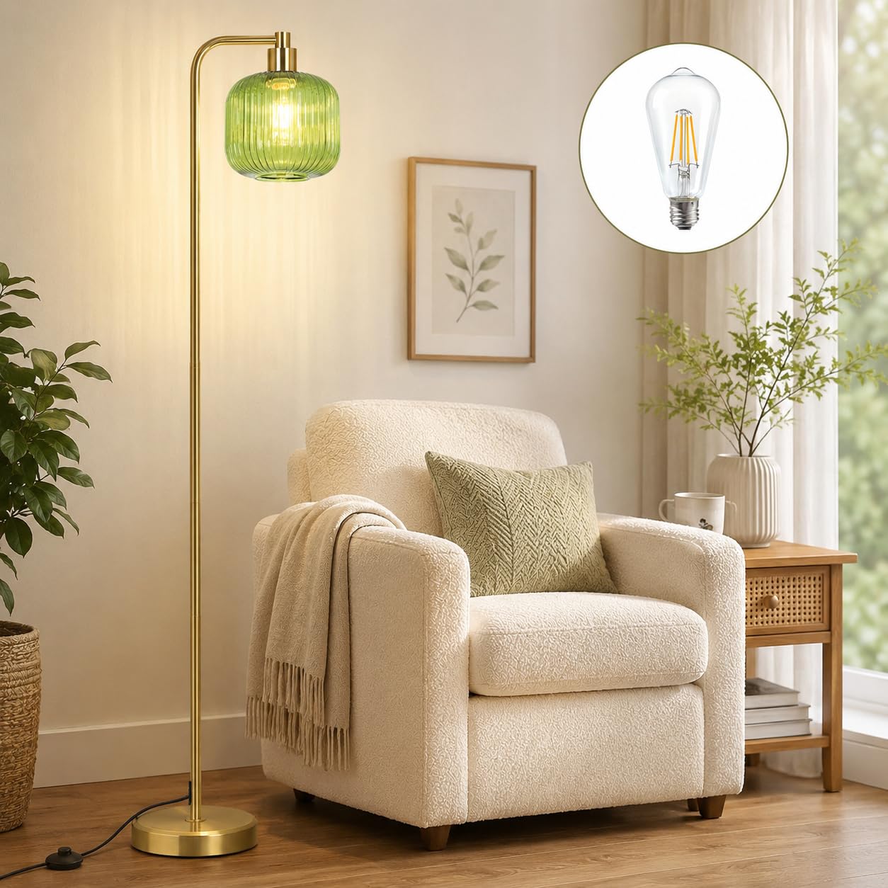 Rosnek Modern Floor Lamp for Living Room, 170cm Vintage Industrial Standing Lamp with Elegant Green Ribbed Glass Shade & E27 LED Bulb, Metal Pole Standard Lamp for Bedroom Office Study, Foot Switch