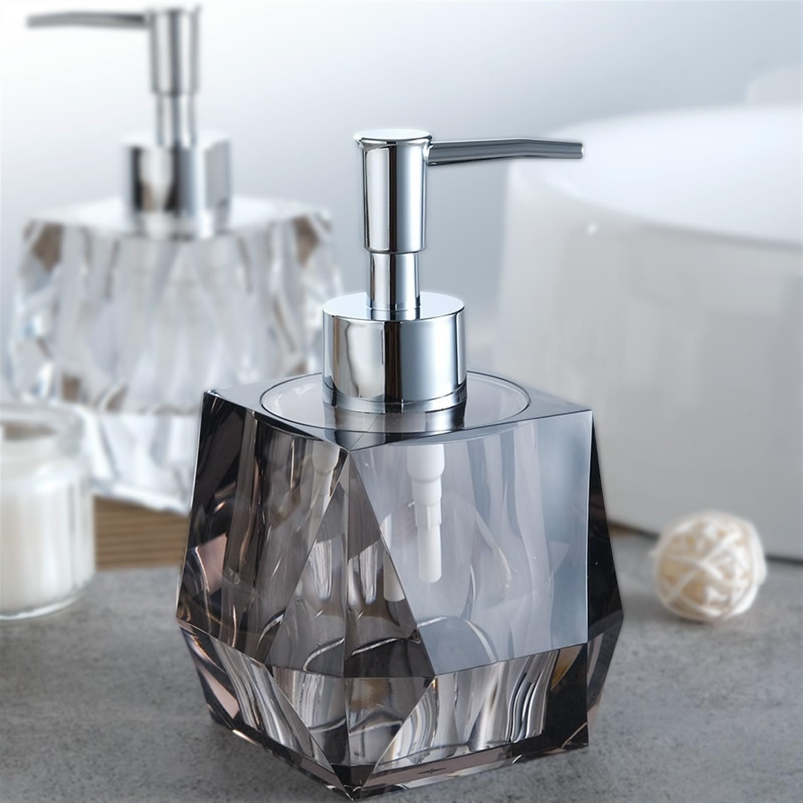 Dozownik mydła do łazienki 200 ml, żywica cięta, dozownik ręczny z galwanizowaną srebrną pompką do dozownika kuchennego (gris)