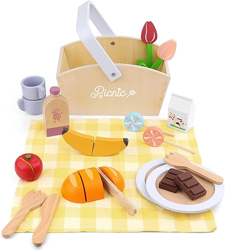 Juego de cesta de picnic de madera, juego de simulación para compartir alimentos con frutas cortadas, juego de imaginación para niños y niñas de 3