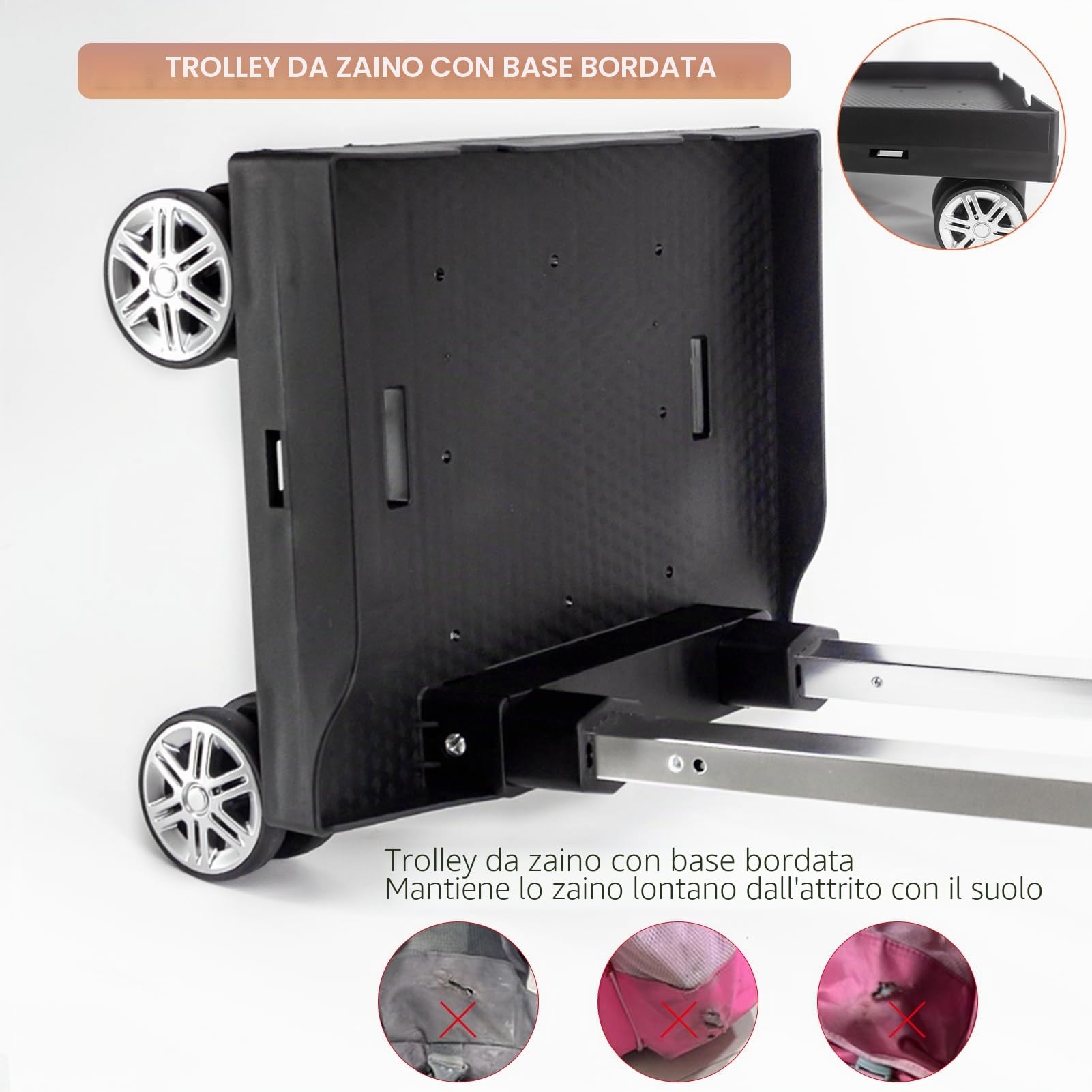 Trolley per zaino con base paraspigoli, carrello pieghevole con ruote girevoli | Telaio leggero in lega di alluminio con cinghia sicura per bagagli, ideale per zaini, borse per laptop e viaggi quotidiani