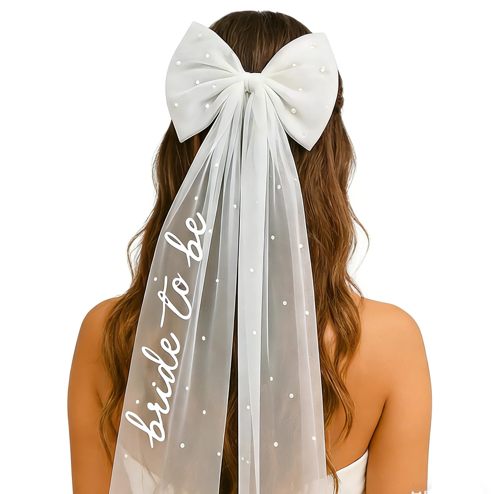Bride to Be Veil, Bridal Hair Bow Veil with Pearl,Hen Party Accessories,White Hair Bow V/eil with Clip, Hen Do Veil Accessories for Wedding Bridal Shower Hen Night Bachelorette Party Decoration