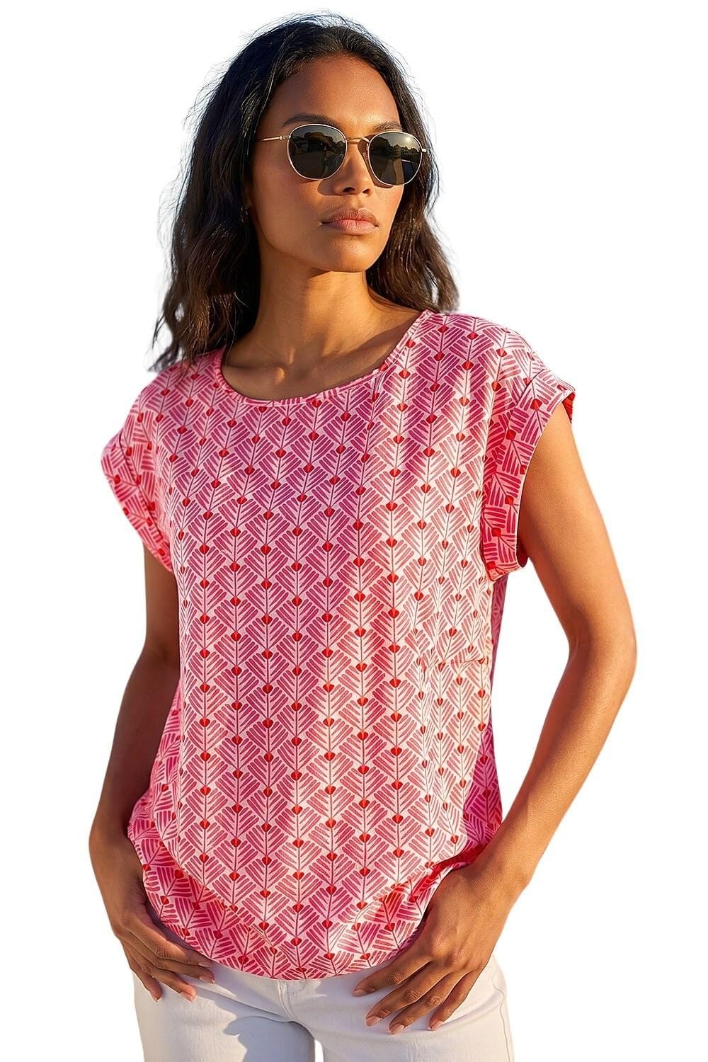 Roman Originals T-Shirt for Women UK - Ladies Tee Shirt Summer Top Holiday Day Causal Short Sleeve Blouses Round Crew Boat Neck Lightweight - Geo Pink - Size 16