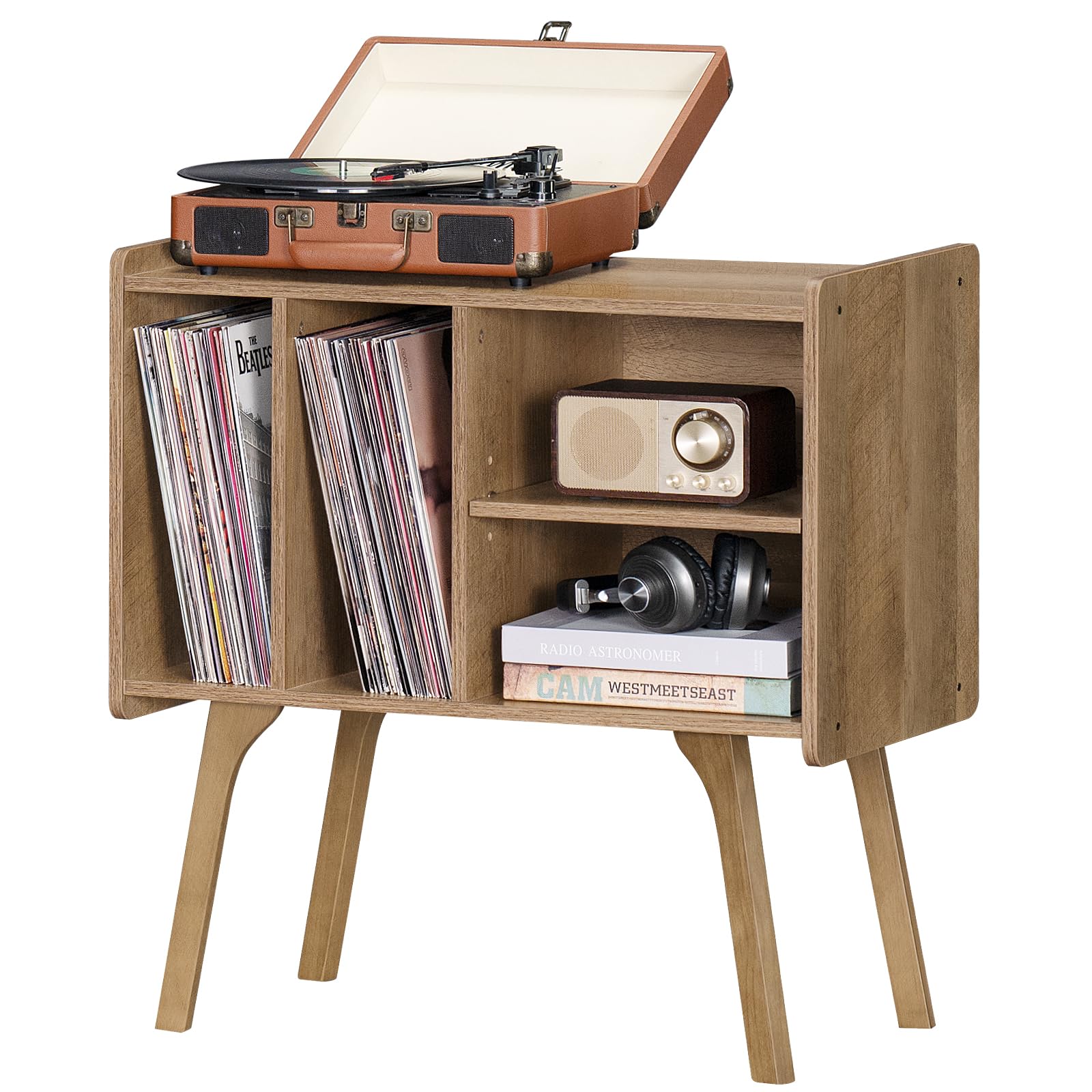 LELELINKY Wide Record Player Stand, 4-Cubby Vinyl Storage Table, Oak Grey