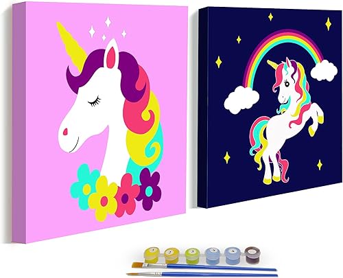 Paquete de 2 kits de pintura fácil por números para niños, pintura al óleo para niños mayores, principiantes, juego de pintura en lienzo predibujado