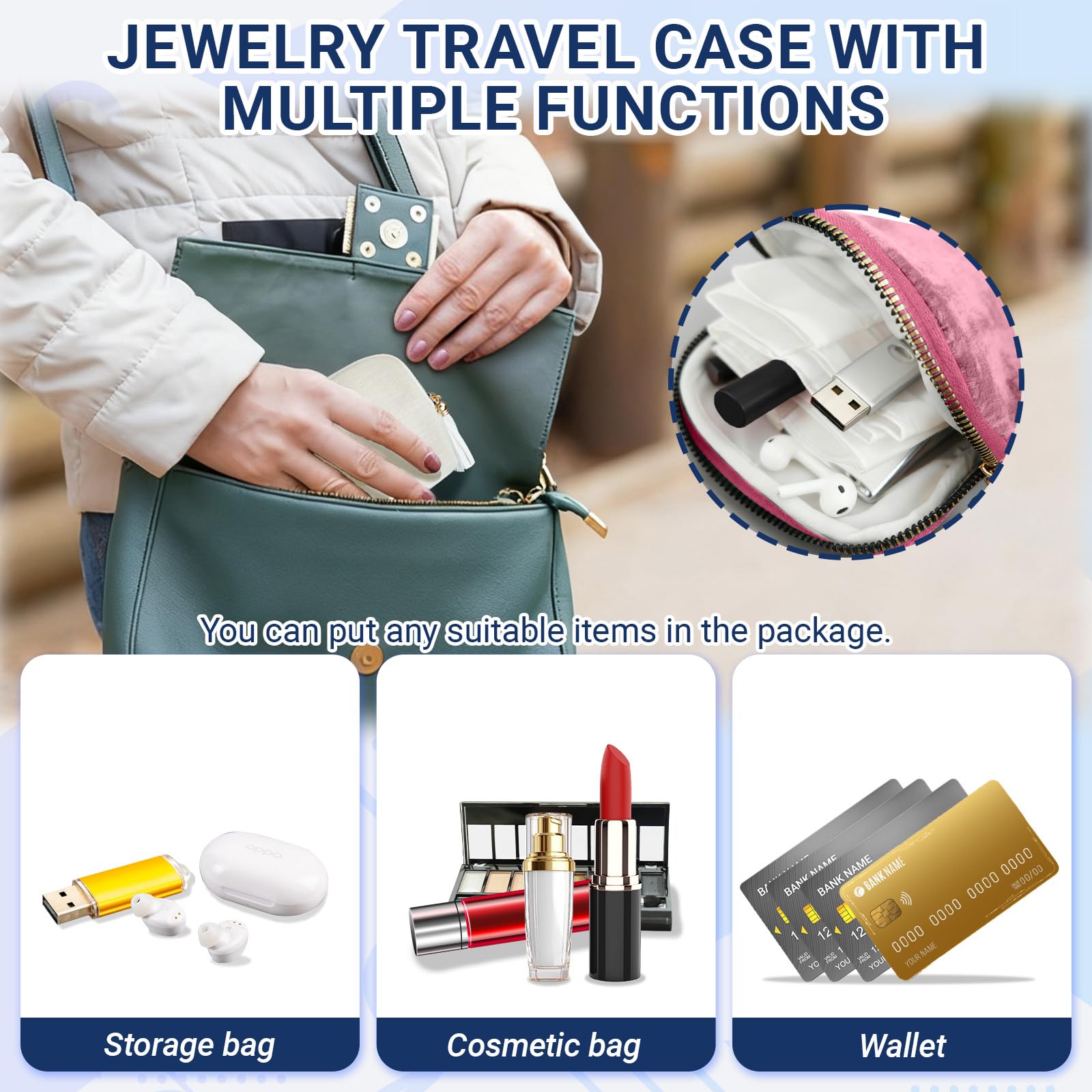 LELE LIFE Schmuck-Reiseetui, Samt, kleine Schmuck-Organizer-Tasche mit Quasten-Reißverschluss, 6 Fächer für Armband, Ring, Ohrringe, Damen, Geschenke, Rosa + Creme, 2 Stück