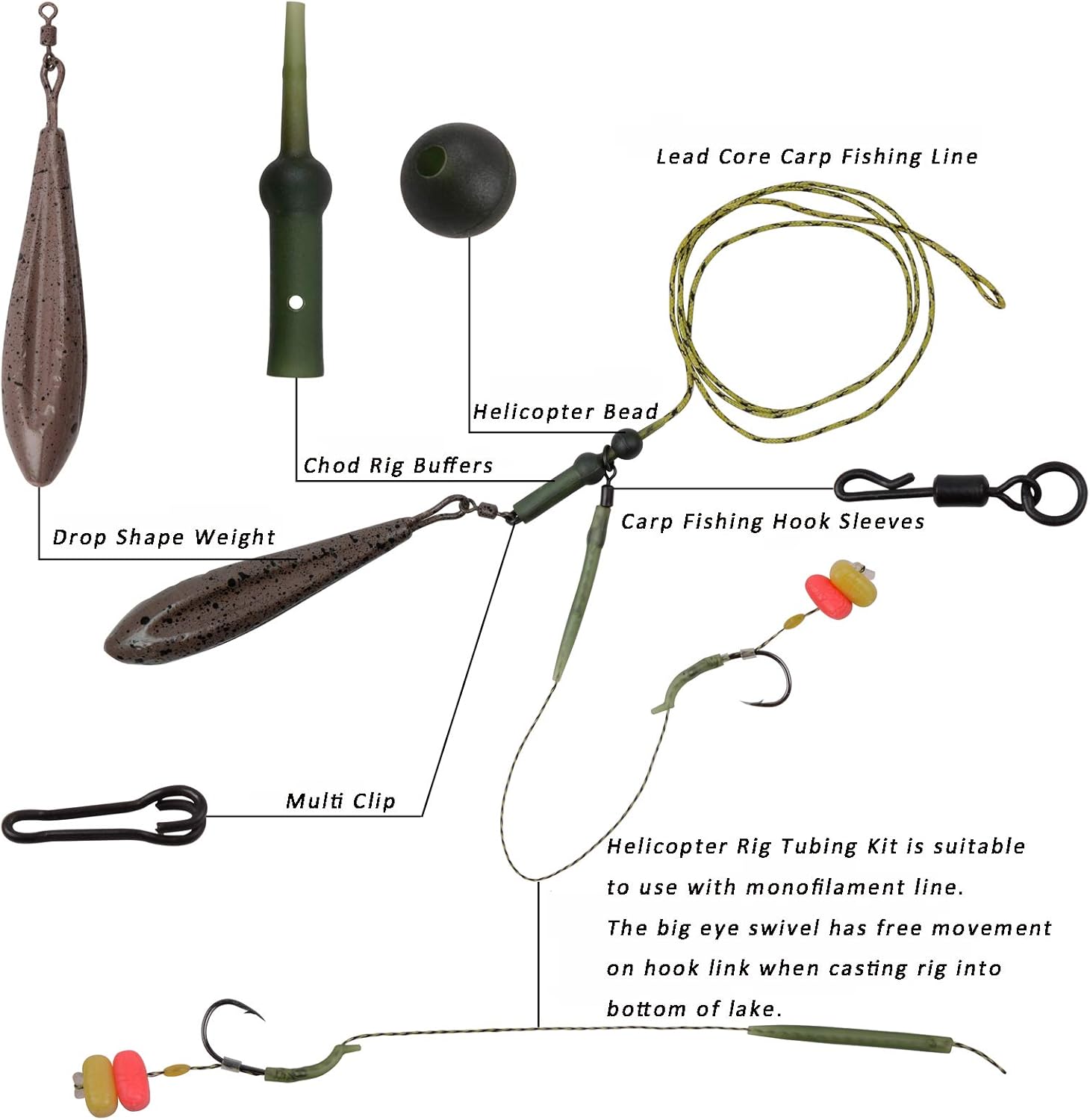 JSHANMEI Carp Fishing Rigs Hair Rigs Kit Carp Swivels Hooks Sinkers Carp Fishing Tackle Accessories Carp Rigs Leader Line Set : Sports & Outdoors