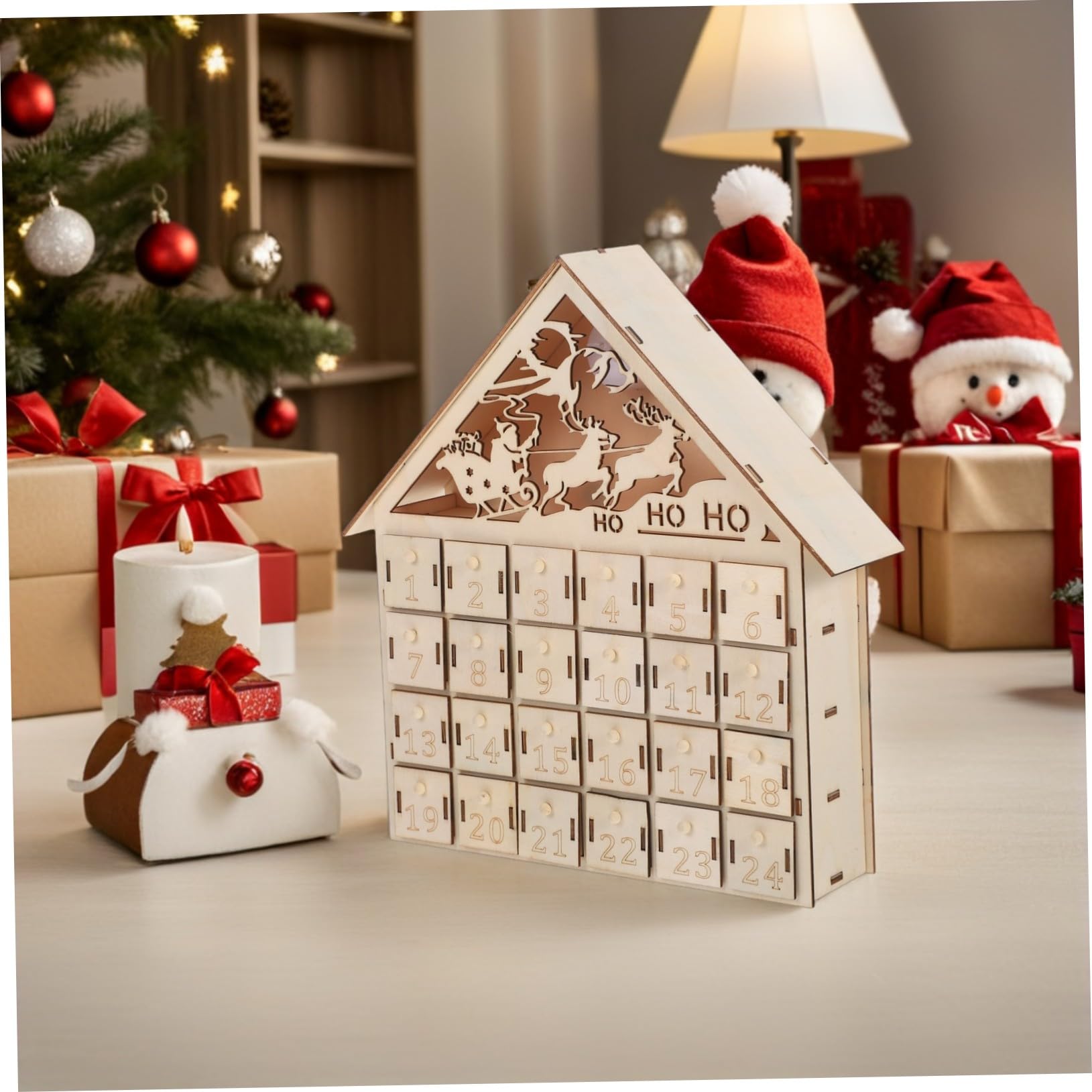 MAGICLULU 24cassetto Calendario del Conto alla Rovescia di Natale in Legno Calendario Avvento Illuminato Decorazione Natalizia Rustica Riutilizzabile per Famiglia