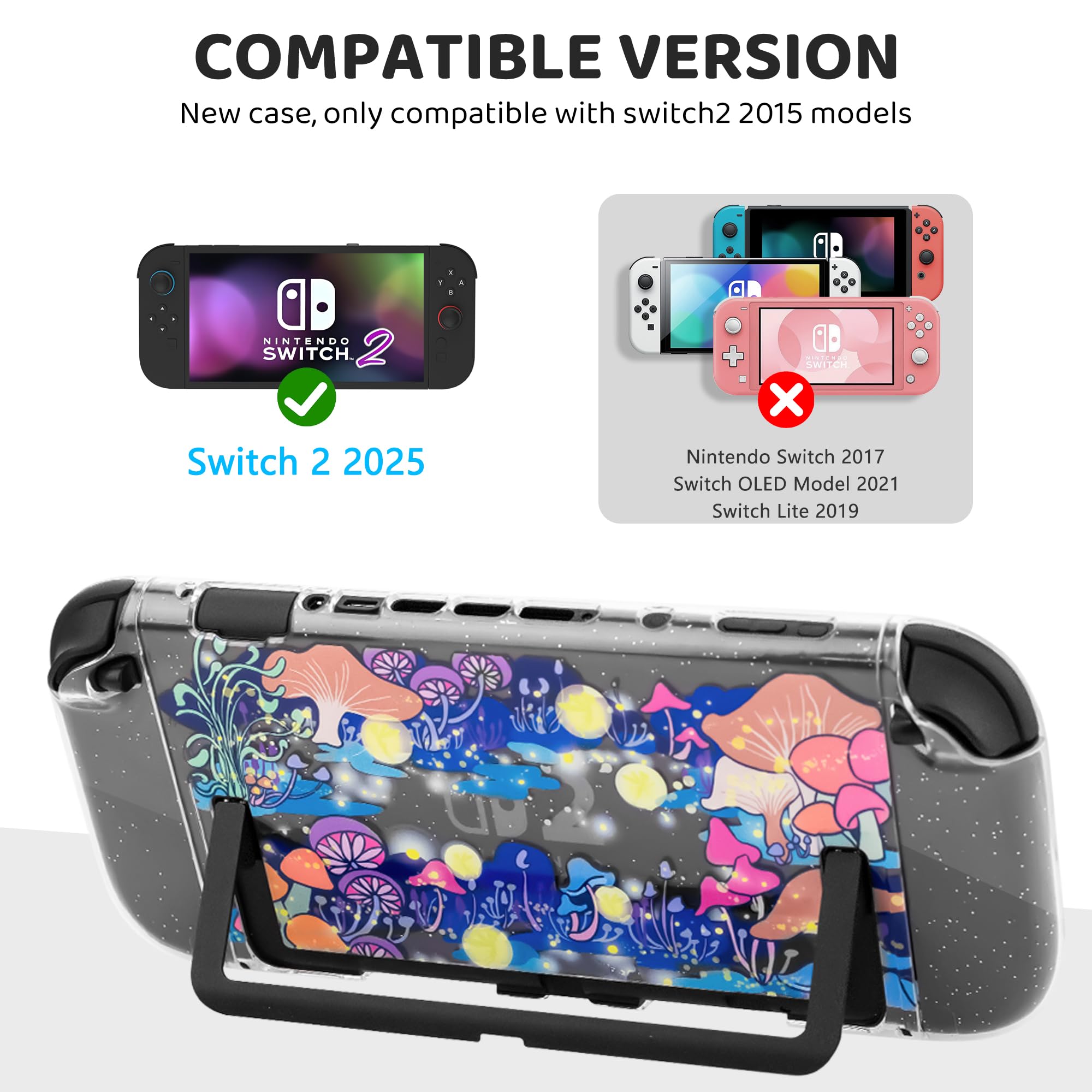 FANPL Custodia carina per Nintendo Switch 2, custodia da viaggio per Switch 2 con pelle rigida glitterata, cinturino regolabile, protezione schermo, tappi per impugnatura per pollice (Firefly Mushroom