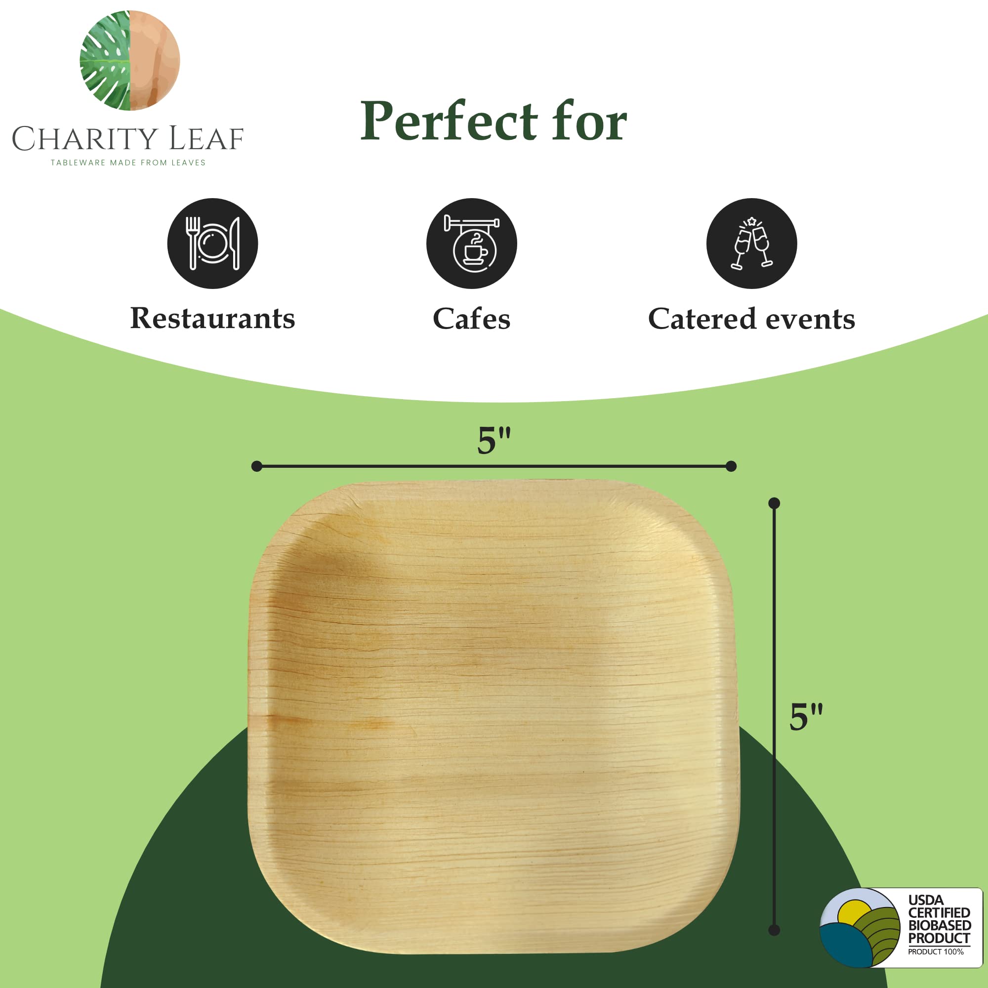 Charity Leaf - Juego de platos desechables de hoja de palma como platos cuadrados de bambú | bodas, tablas de embutidos, barbacoas y fiestas | Platos Cuadrados (5 Cuadrados) (200, 5 Cuadrados)