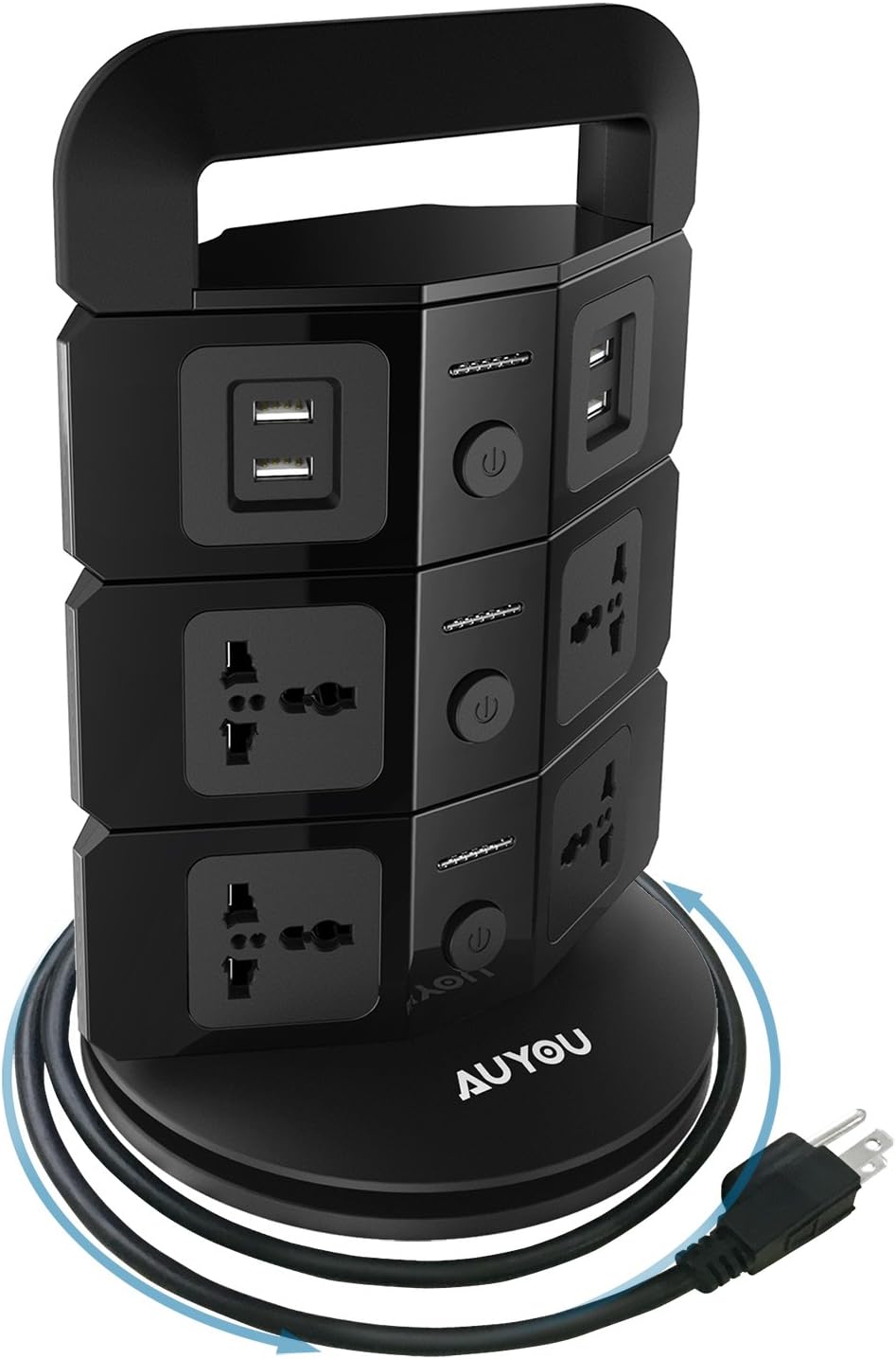 AUYOU Tower Power Strip USB Vertical Socket Handy Space-saving Socket Matching Wall Outlet with 7-Outlet and 4-USB Ports Black in 3 Pronged Plugs