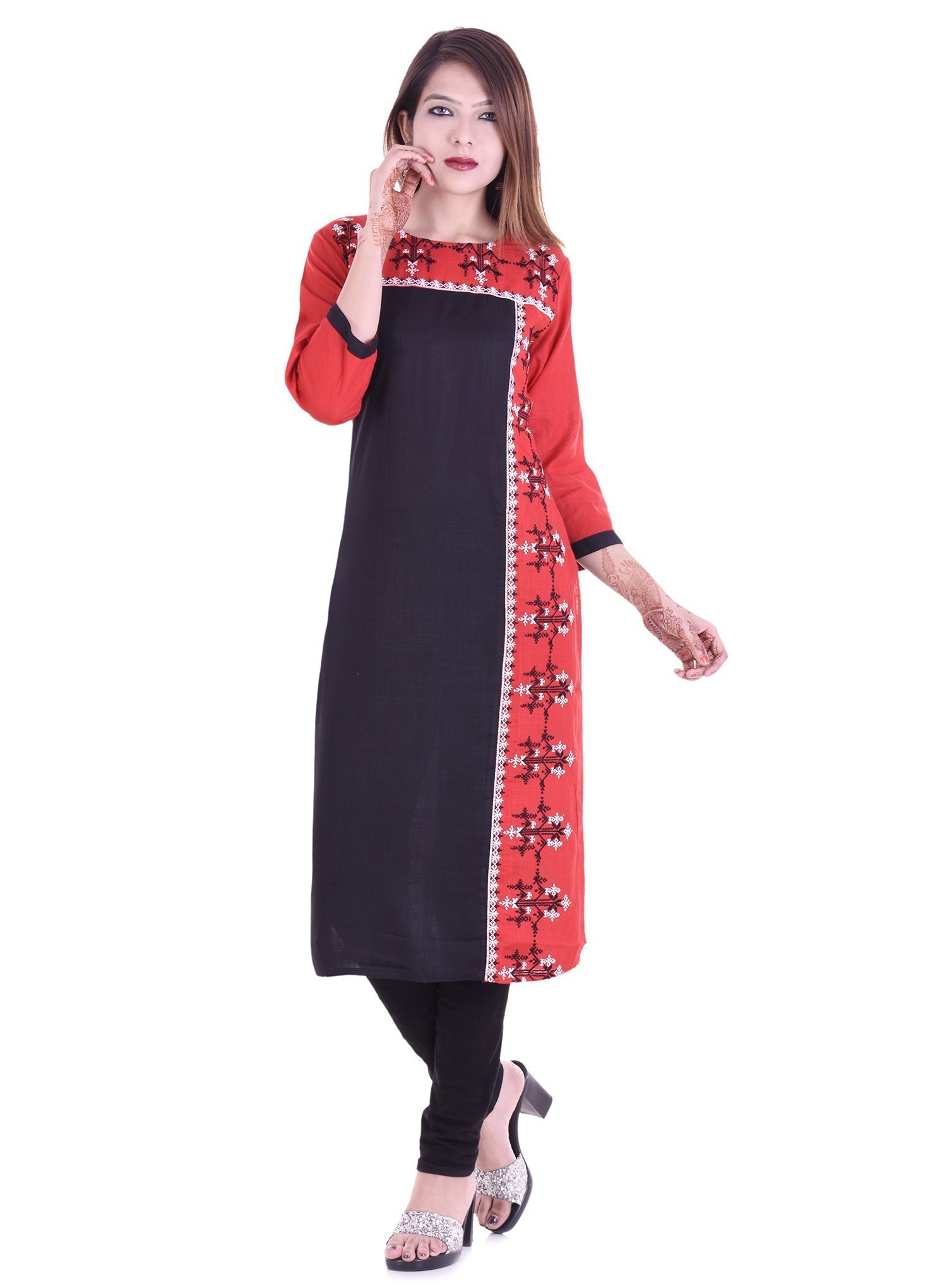 ChichiIndian Women's Plain with Side Printed Rayon Kurti Top