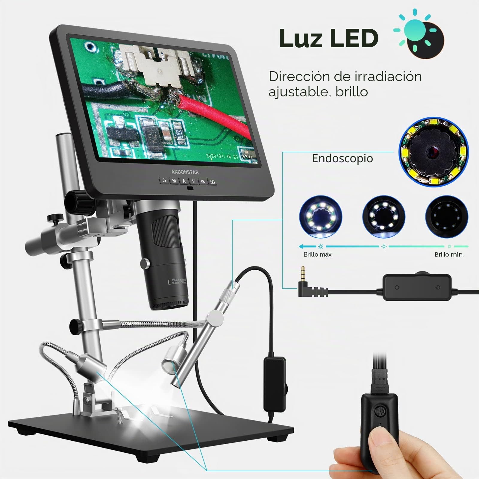 Andonstar AD249S-M Microscopio digital HDMI de 3 lentes 2000x con endoscopio, grabación de video UHD 2160P, microscopio LCD de 10.1 pulgadas, microscopio electrónico de soldadura, microscopio