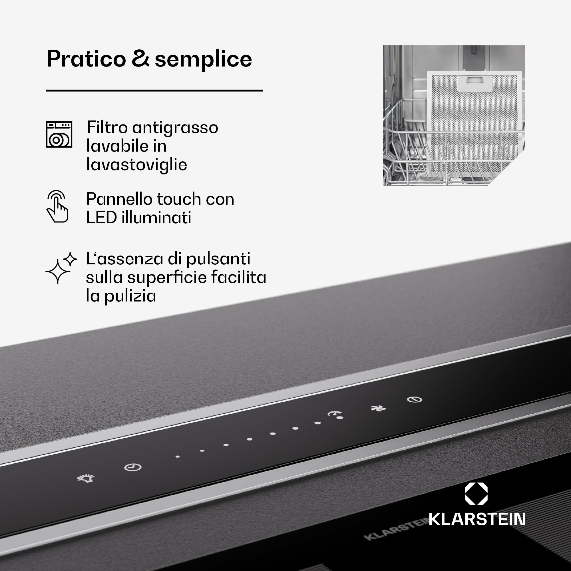 Cappa aspirante Klarstein 75 cm, cappa aspirante da cucina a scomparsa, cappa aspirante da cucina a ricircolo 2 in 1, portata d'aria 576 m³/h, cappa aspirante con luce LED e pannello touch, nero