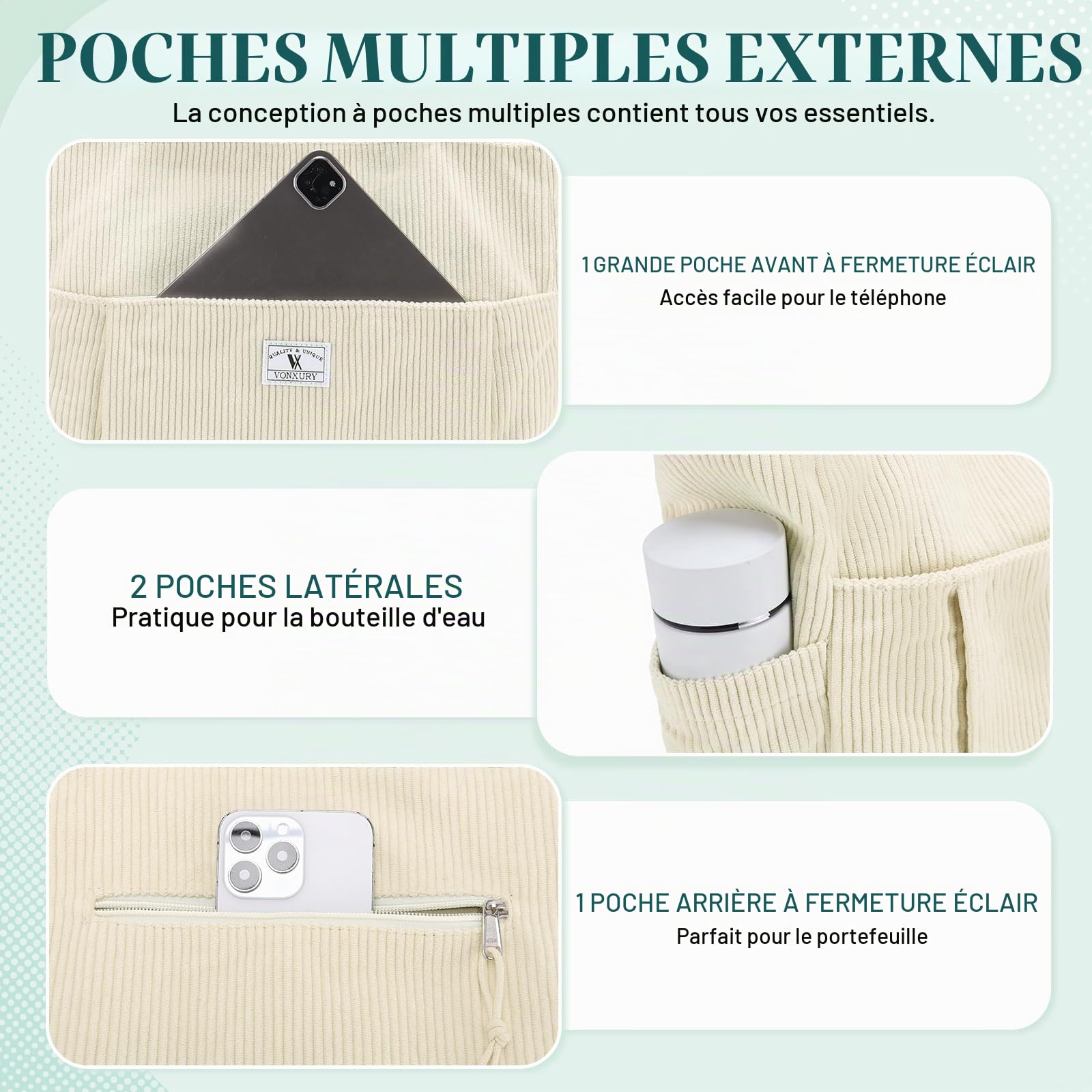 VX VONXURY Sac Cabas Femme Velours Côtelé Sac a Main Femme avec Multi-Poches Sac Bandoulière avec Sangle Réglable pour Travail Voyage Université