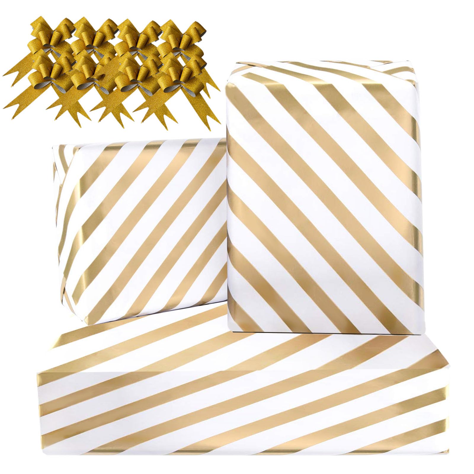 Gold Happy Birthday Wrapping Paper 43% Bigger 85 * 60cm,8 Sheets,8 Bows,Gift Wrap Pack for Her,Girls,Mum,Wife,Kids,Men,Dad,Husband,Brother,Son,Boysster,Daughter,Kid