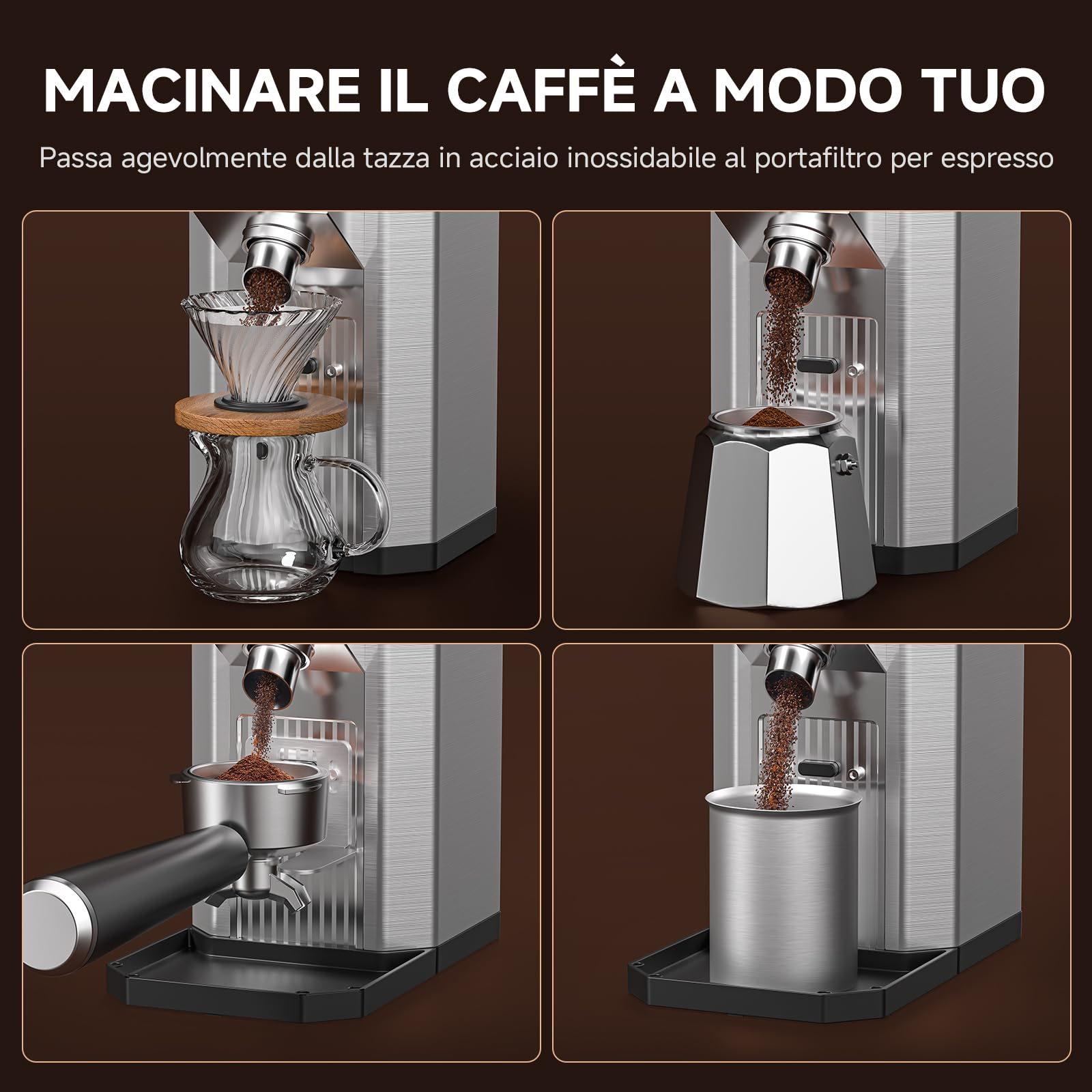 AMZCHEF Macinacaffè Elettrico con 45 Livelli di Macinatura, Macine Coniche in Acciaio Inox, Supporto Portafiltro Regolabile, Pannello di Controllo Touch LED, Corpo in Acciaio Inox