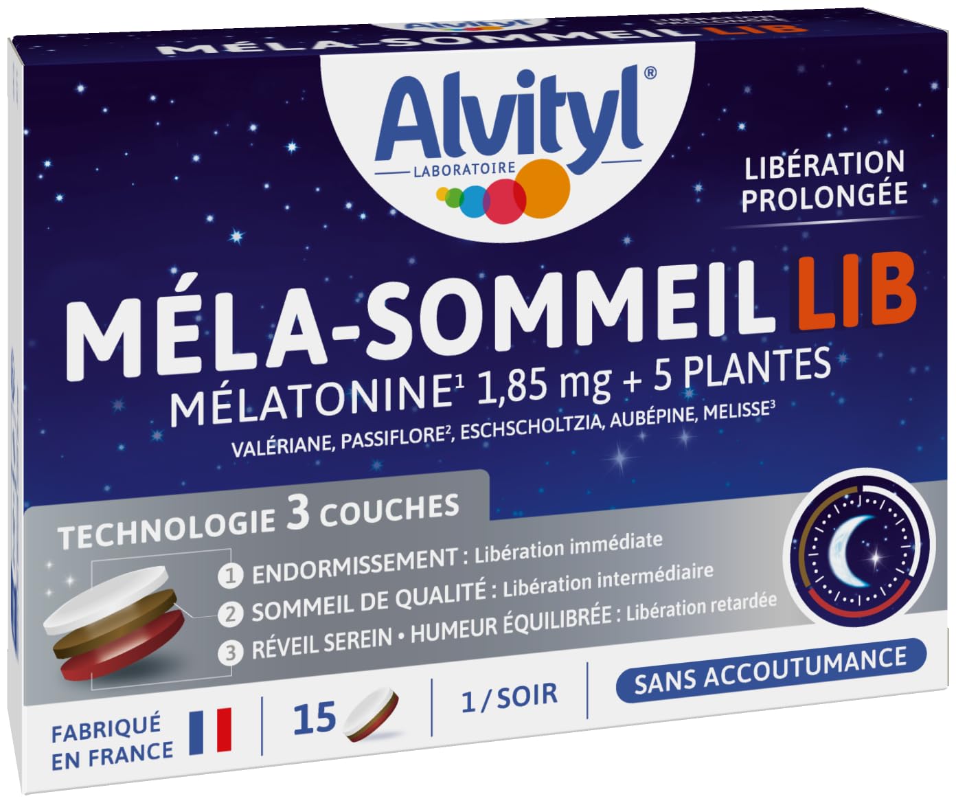 Alvityl Méla-Sommeil LIB - Mélatonine + 5 Plantes pour Adultes - Nuit Réparatrice en Prolongée - 15 Comprimés Tri-couche