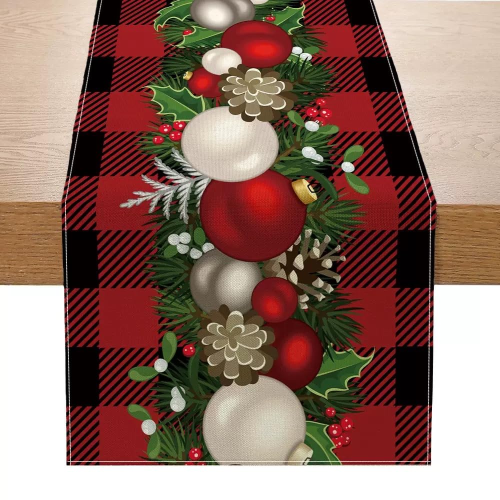 Red Black Christmas Table Runner 183 x 33 CM,Merry Christmas Table Runner with Red Bells,Seasonal Winter Xmas Holiday Kitchen Dining for Xmas Decorations