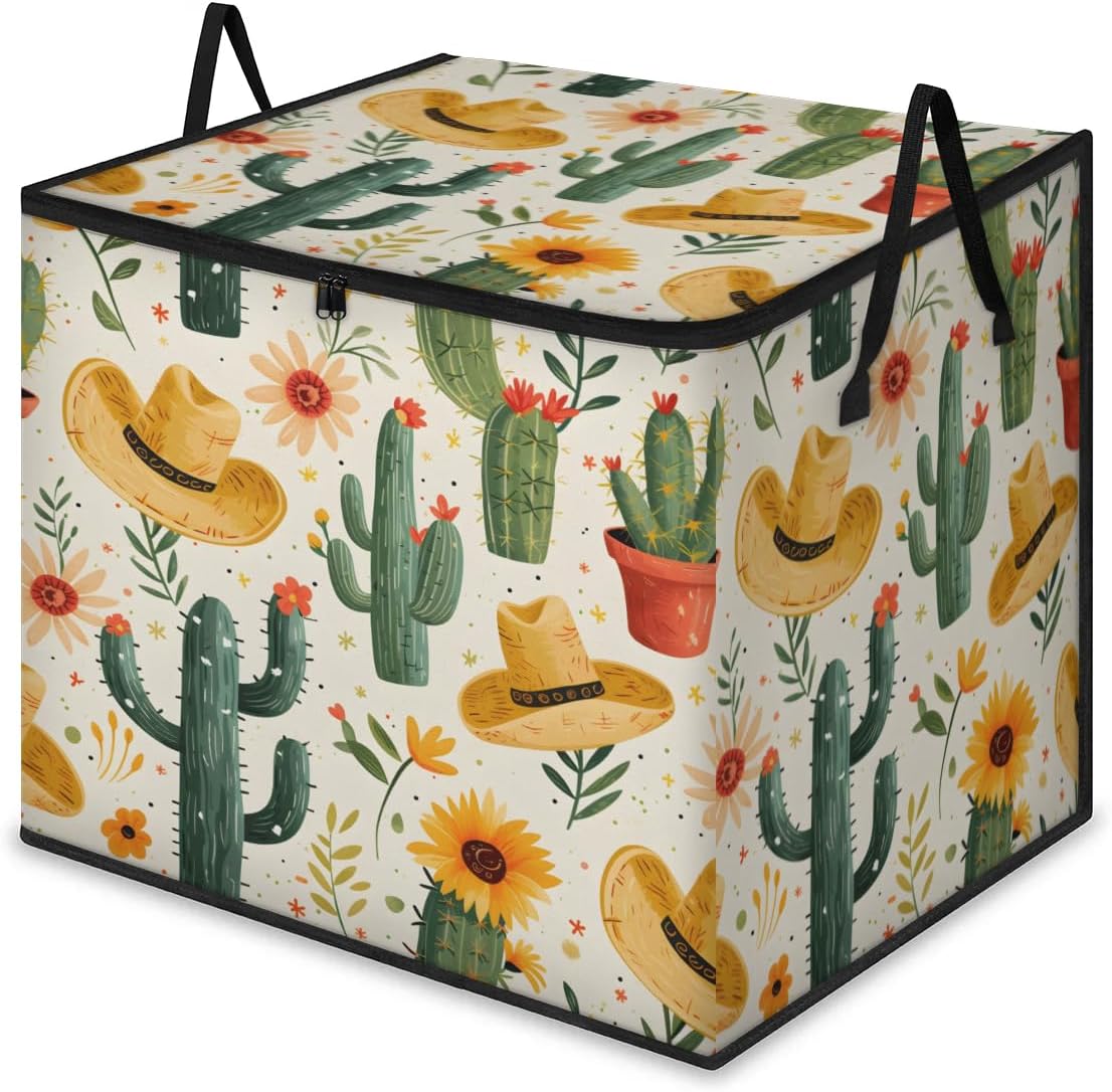 Honeybaby 214L Extra Large Comforter Storage Bag Cowboy Cactus Storage Totes with Lids Waterproof Closet Organizer Folding Blanket Storage Bags for Clothes Bedding Pillows