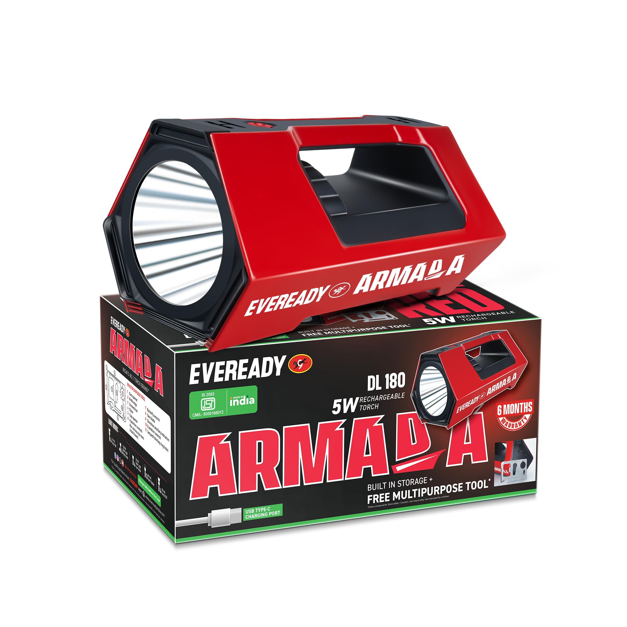 EVEREADY Armada DL180, 5W Front Torch & 4W Sidelight, Rechargeable, USB Type-C Charging, with Multi-Utility Torch with Storage Compartment, Ergonomic Handle, Powered by Li-ion Battery-picture-28