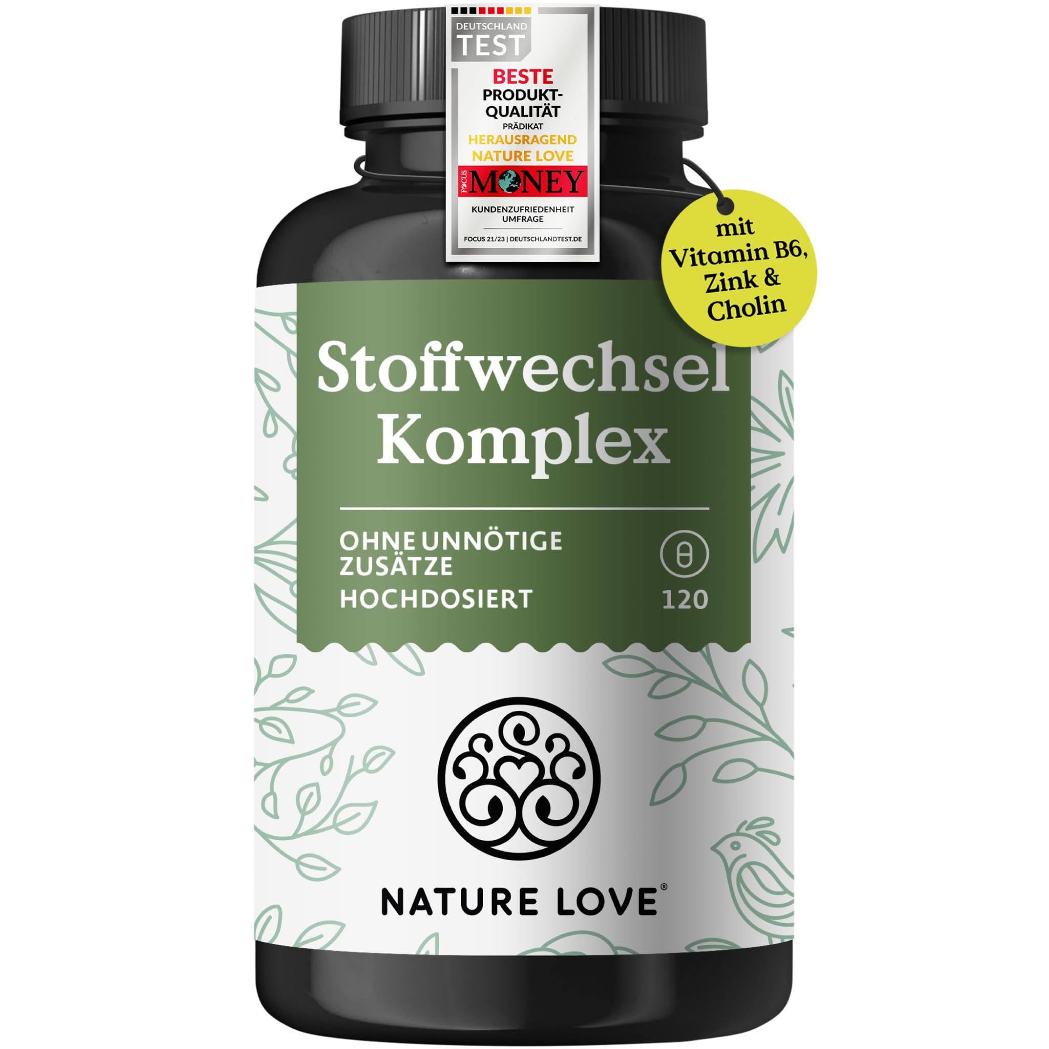 NATURE LOVE® Stoffwechsel Komplex – 120 Kapseln – Grünteeextrakt, Zink, Chrom, Vitamin B6, Cayennepfeffer und Cholin – hochdosiert, vegan