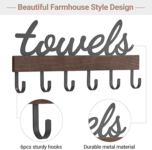 Miniatura 4 de Dahey Toallero con 6 ganchos, soporte para toallas de pared, organizador de baño, rústico, granja, decoración del hogar, ganchos de almacenamiento