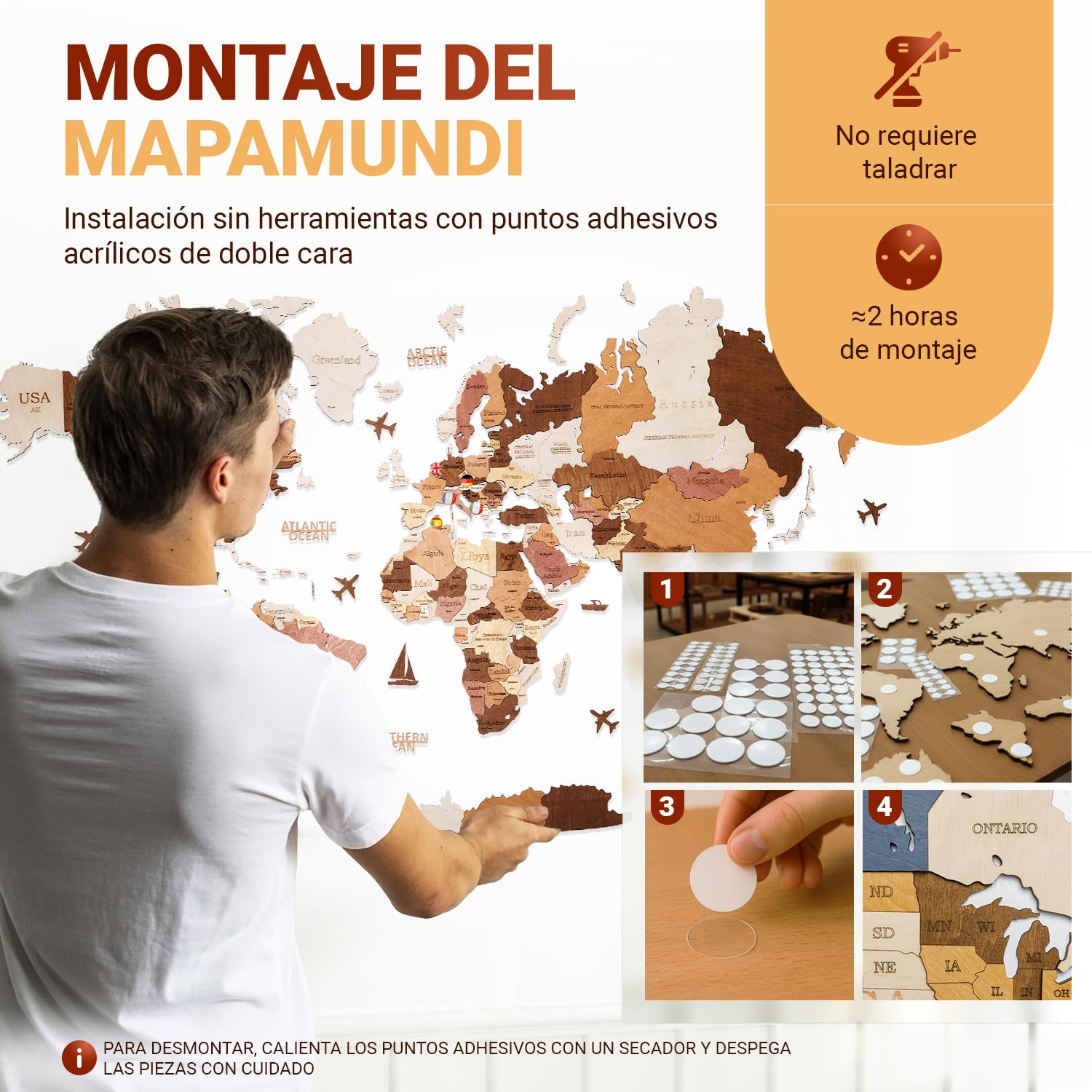 Mapamundi de madera 3D para pared en español | sin taladro con adhesivos, plantillas y pines | arte mural para hogar u oficina