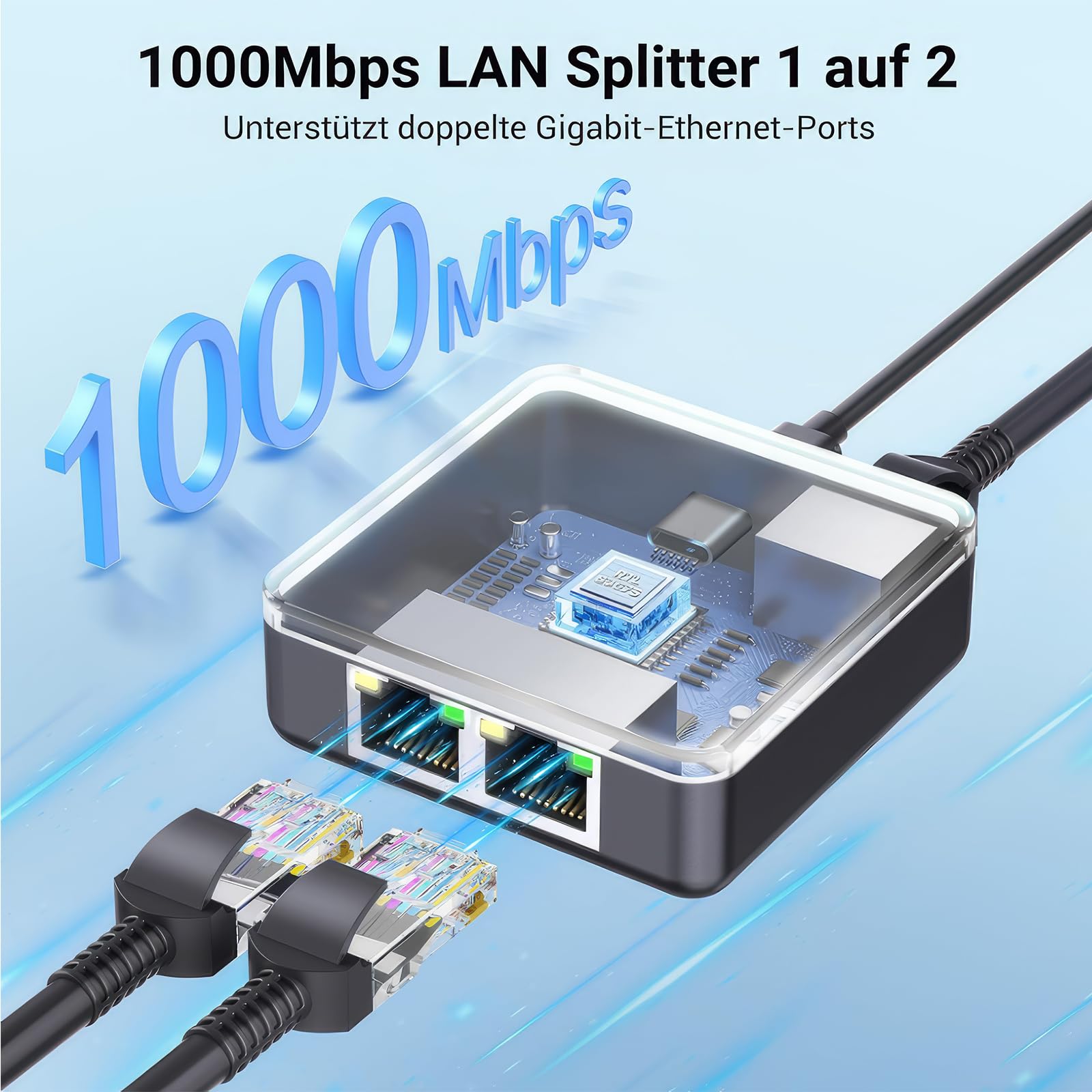 GNUADZ LAN Splitter 1 to 2, 1000 Mbps Gigabit Ethernet Splitter 2 Port with Type-C Power Cable, Aluminum Housing Network Switch for Computer, Hub, Router, Modem, Set-Top Box, Cat 5/5e/6/7/8 - 5