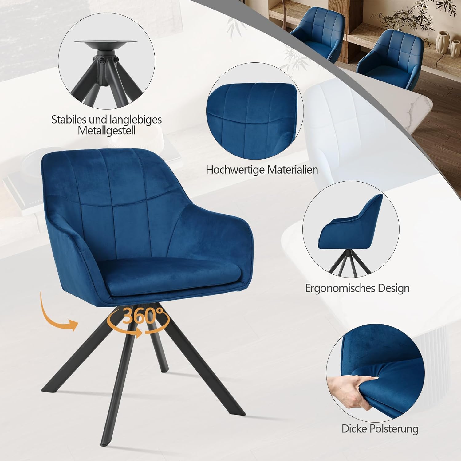 Goeurvant Drehbarer Esszimmerstuhl mit Armlehnen, Dunkelblau Samt