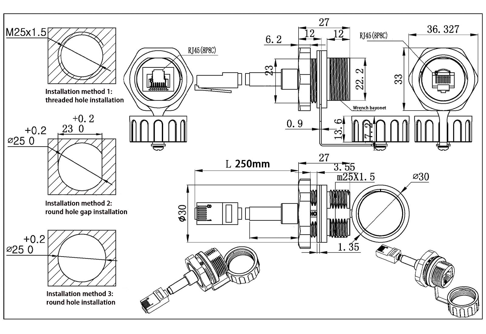 Lot de 5 connecteurs RJ45 étanches à Montage sur Panneau M25 Cat5/5e Ethernet LAN Coupleur de câble avec Capuchon étanche/Anti-poussière 25 cm Câble réseau pour réseau extérieur