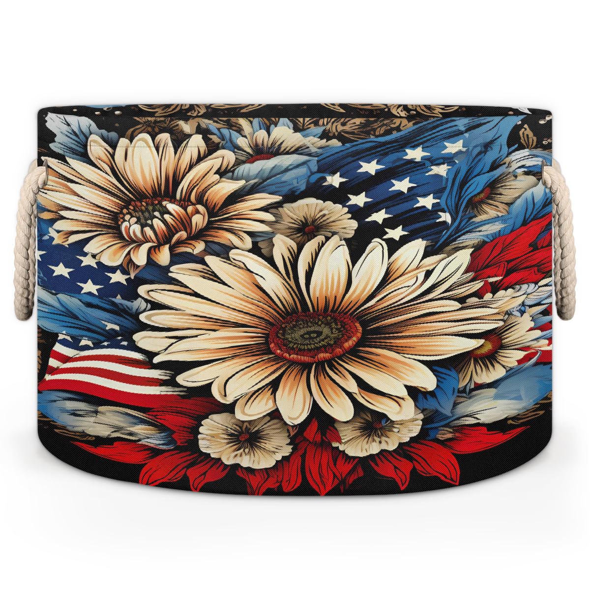 XZXFSYJH Large Round Storage Basket with Handle American Flag Flower Kids Toy Storage Bin Foldable Laundry Hamper Cube Clothes Blanket Organizer Box for Living Room Bedroom Laundry Room Storage Decor