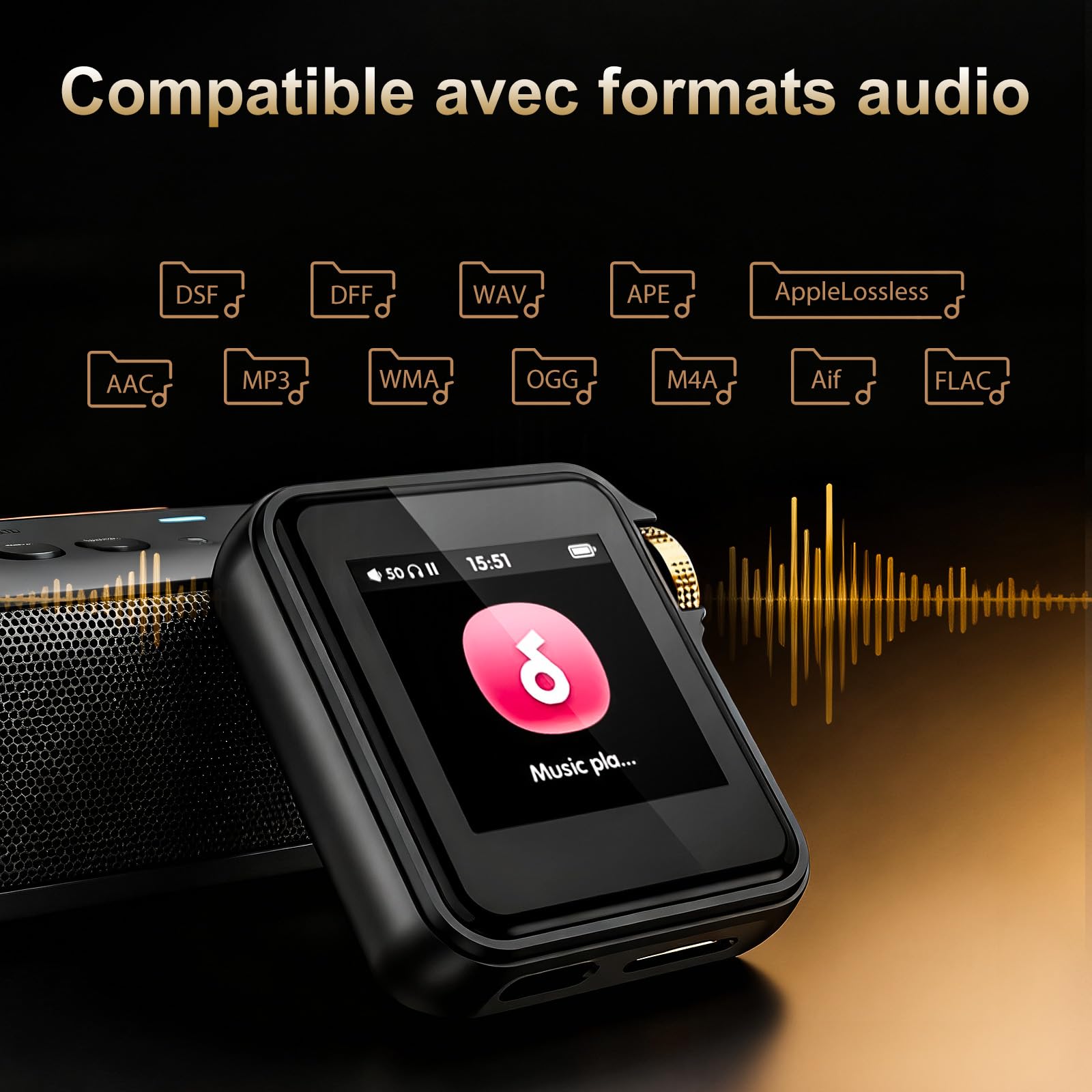Reproductor MP3 HIFI WALKER H2 Mini con Bluetooth aptX, Audio Hi-Res, DAC ESS9218, Reproductor de Música Portátil con Clip, Pantalla Táctil, 64GB Incluidos, Compatible hasta 512GB, Negra