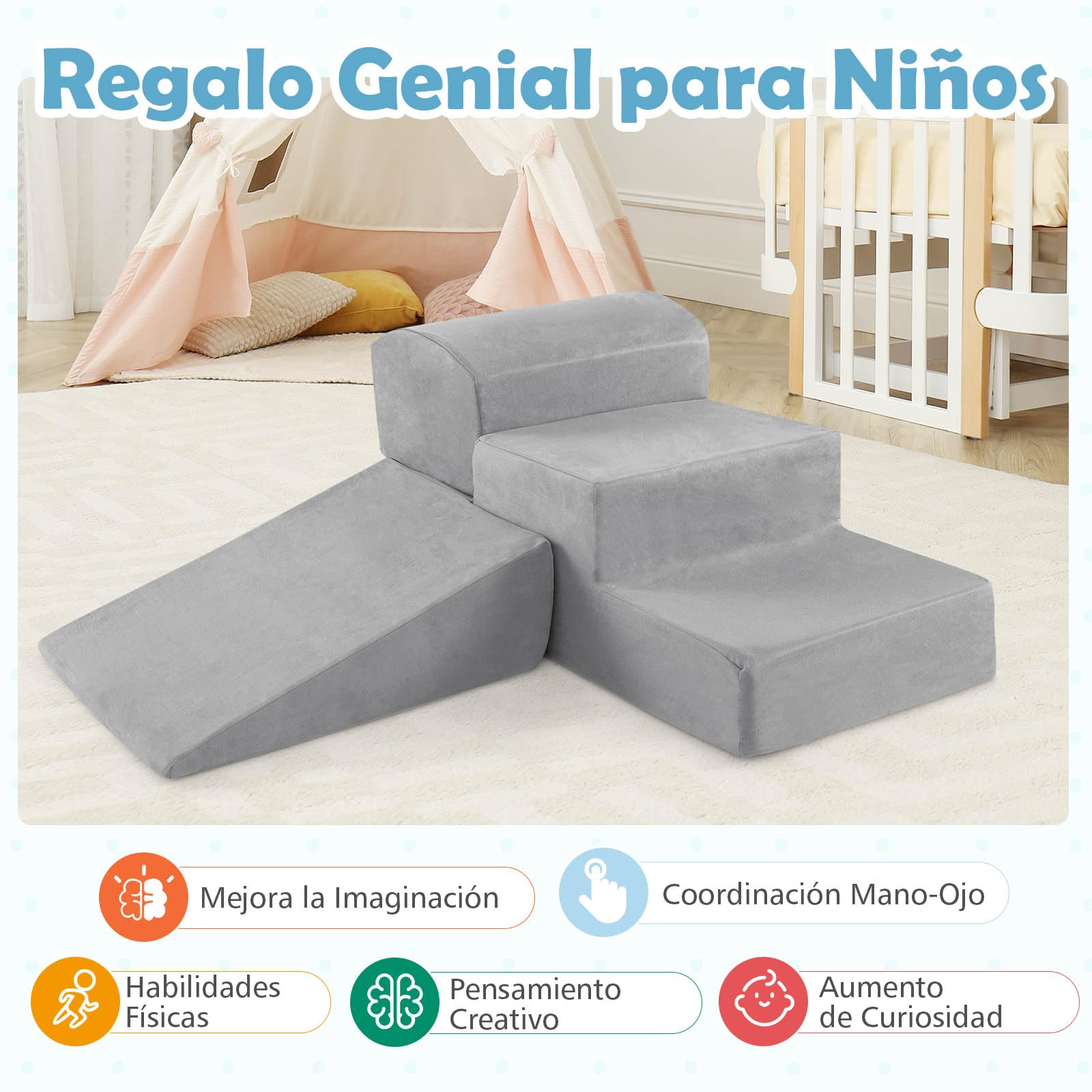 GOPLUS Bloques de Escalada de Espuma con Piscina de Pelotas, 5 Juguetes y Bloques de Escalada con Funda de Tela Suede, Espuma de Alta Densidad, Actividad de Juego Blando para Trepar (Gris)
