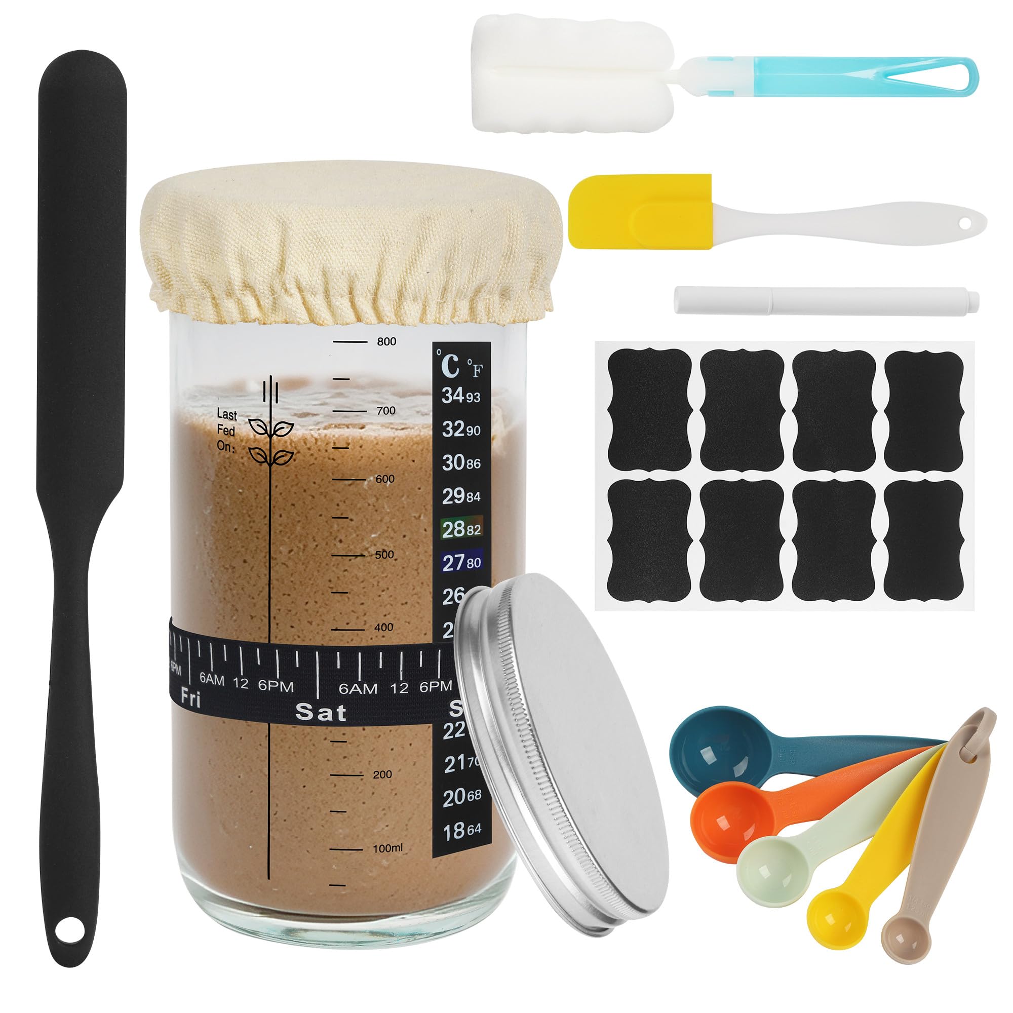 Sauerteig Starter Set, Sauerteig Glas, Brot Backen Zubehör, Fermentationsglas mit Aluminiumdeckel, Gärtuch, Temperaturband, Etikett, Silikonspatel, Wiederverwendbares Sauerteig-Starterglas