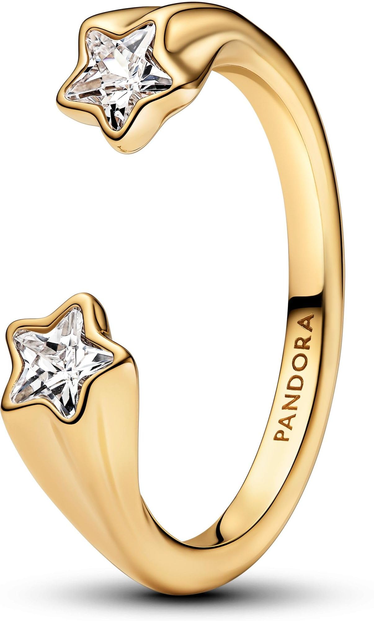 PANDORA Moments 163582C01-54 - Anello aperto a forma di stella cadente in argento sterling con lega di metallo placcato oro e zirconi, misura 54, Argento sterling, Zirconia cubica