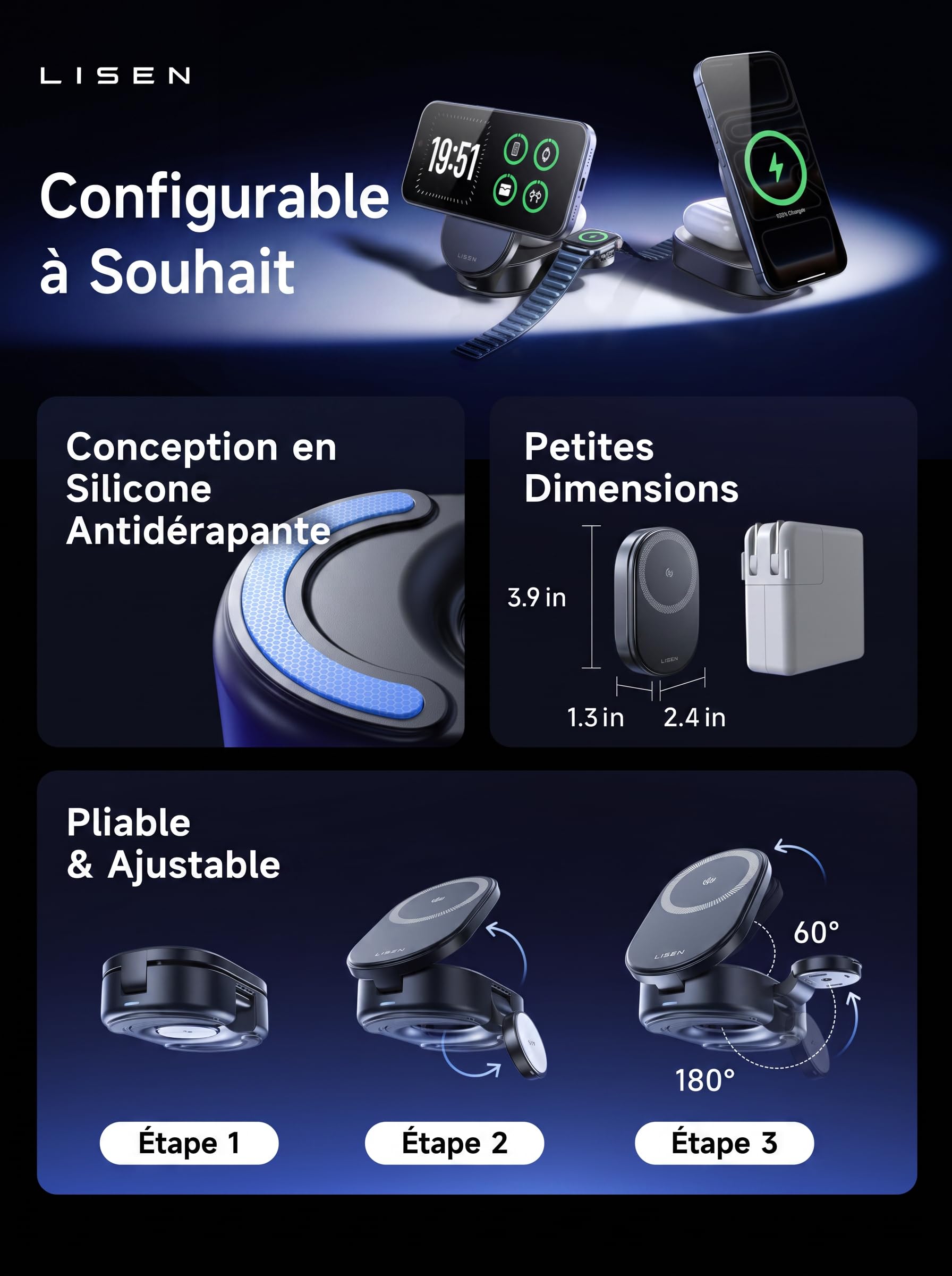 LISEN Station de Charge Apple Qi2.2 25W 3 en 1 - Station de Charge iPhone - Réglable à 70° - pour iPhone 17 Pro Max/16/15/14/13/Apple Watch/AirPods - avec Bloc d'alimentation 45 W