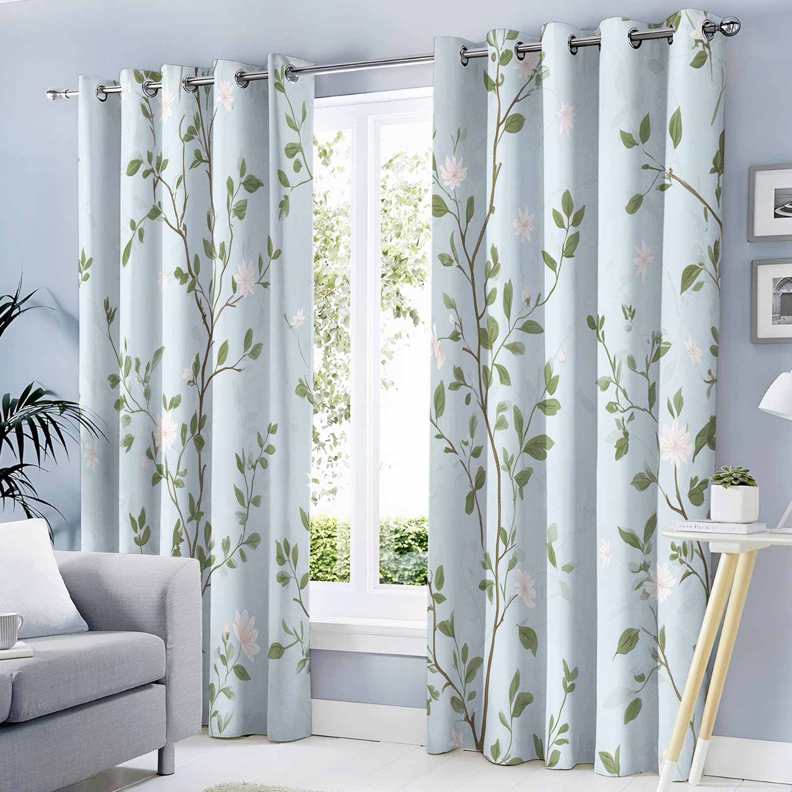 Rideau occultant isolant thermique bleu clair 140x240 cm à motif fleurs lot de 2