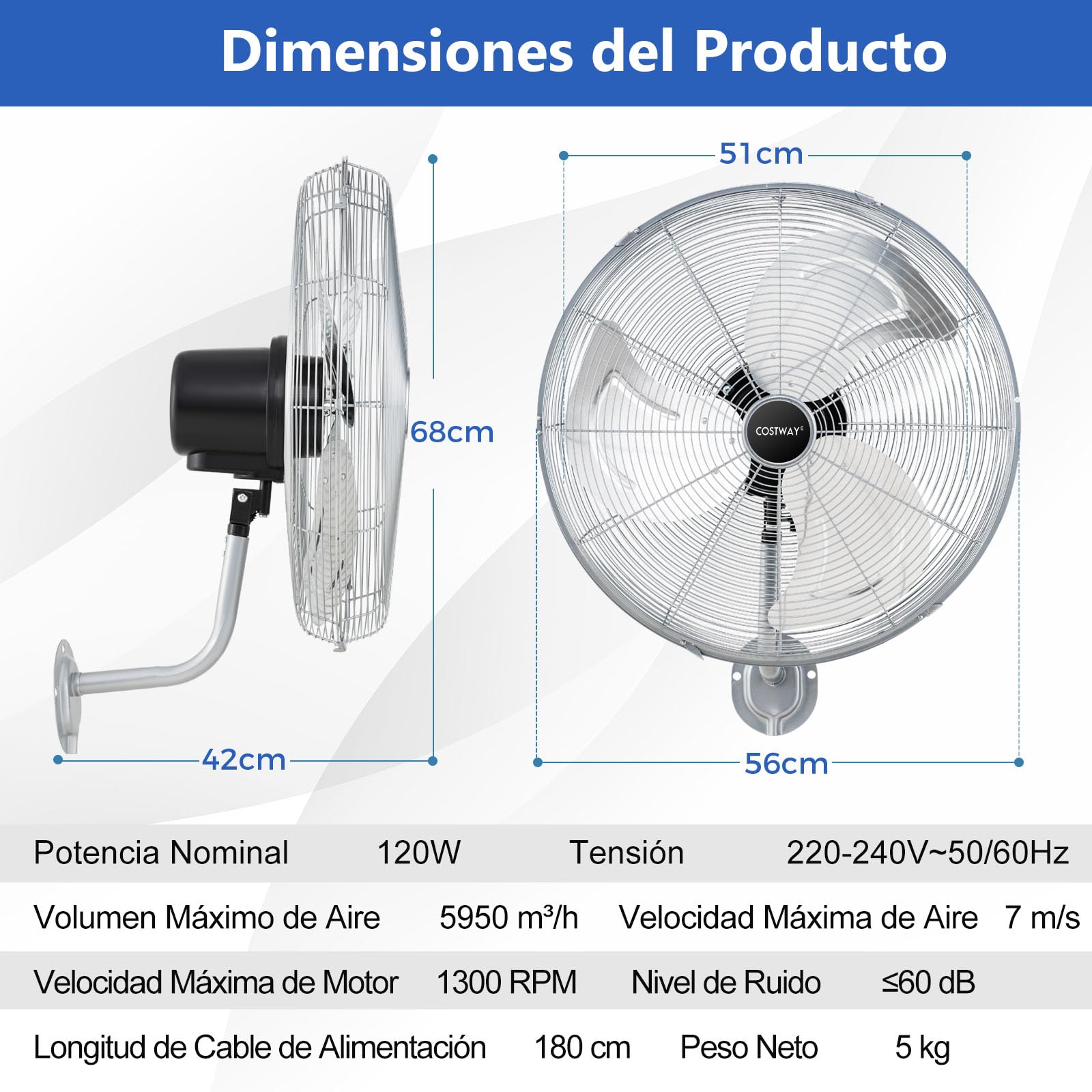 RELAX4LIFE Ventilador de Pared Ø56cm con 3 Velocidades, Rotación Horizontal 85° y Vertical 30°, Ventilador Industrial Oscilante 120W con Marco Metal y Pala de Aluminio para Almacén/Fábricas (Plateado)
