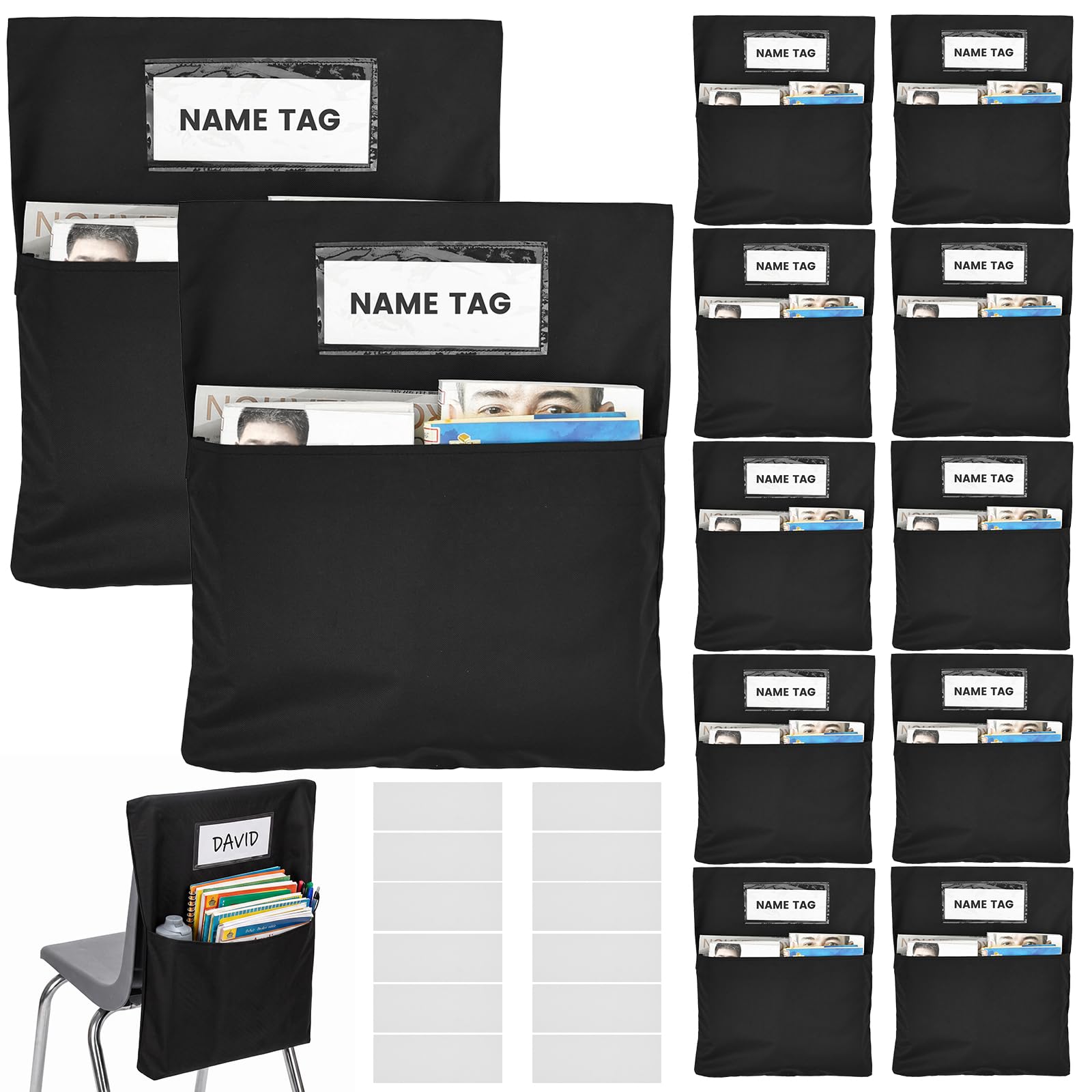 12 Pack Chair Pockets for Classroom, Canvas Chair Storage Organisers